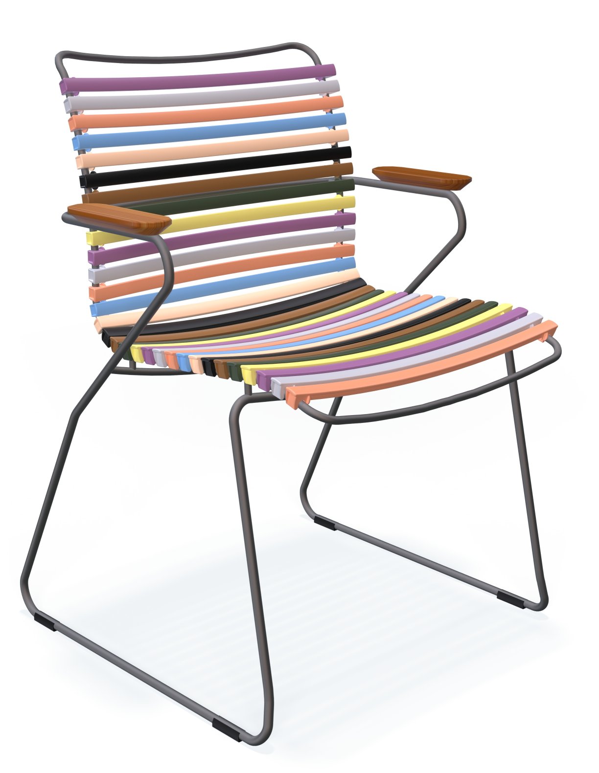 Click Dining Stuhl von Houe, Outdoor-Stuhl mit Armlehne, Lamellen in verschiedenen Farben und dunkelgrauem Gestell.