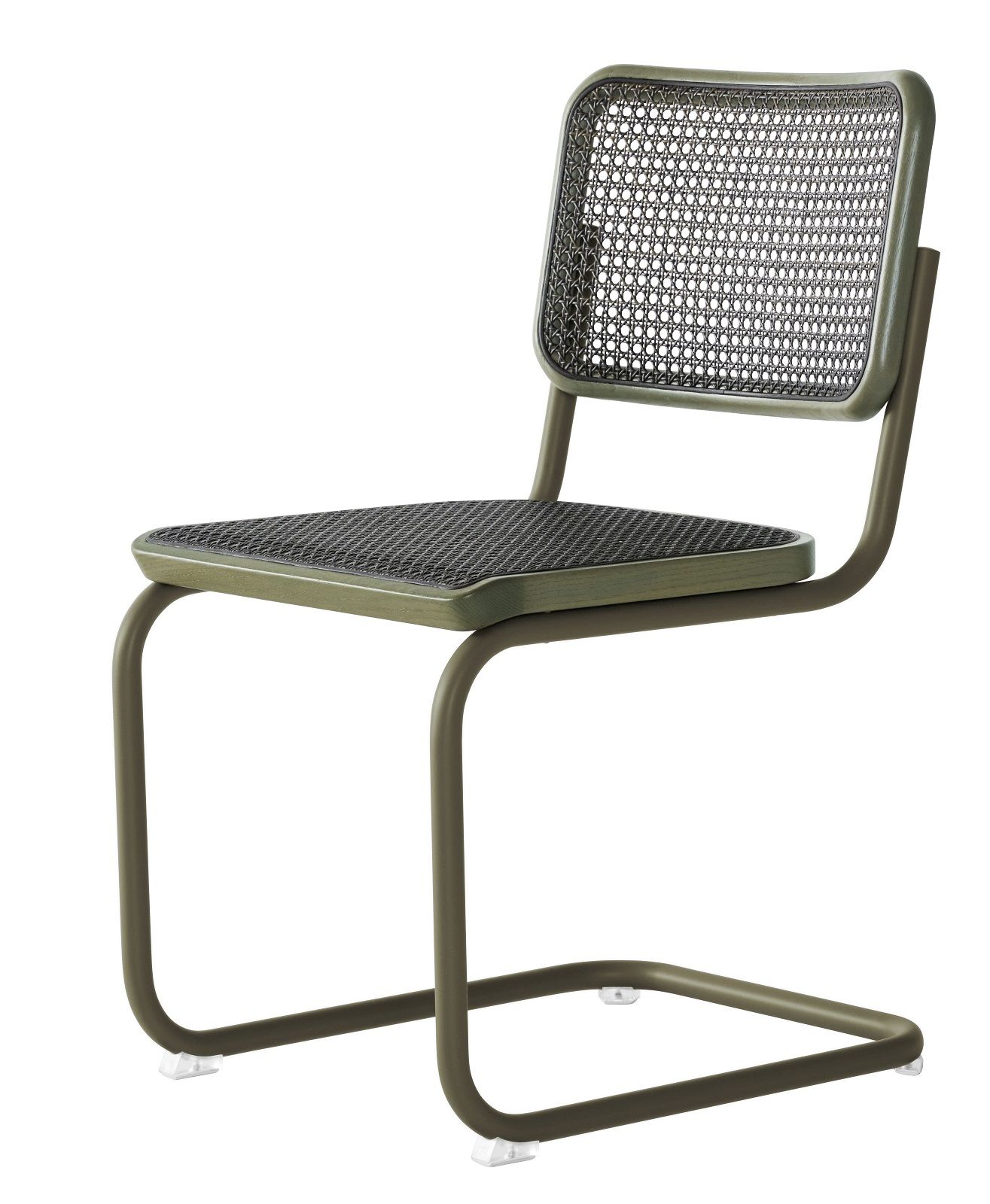 S 32 V Thonet Freischwinger Stuhl Klassiker aus Stahlrohr mit Wiener Geflecht in Olivgrün.