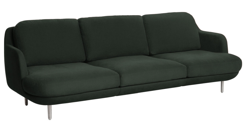 Dunkelgrünes Lune Sofa von Fritz Hansen, modernes 3-Sitzer-Design mit weichen Polstern und filigranen Metallfüßen.