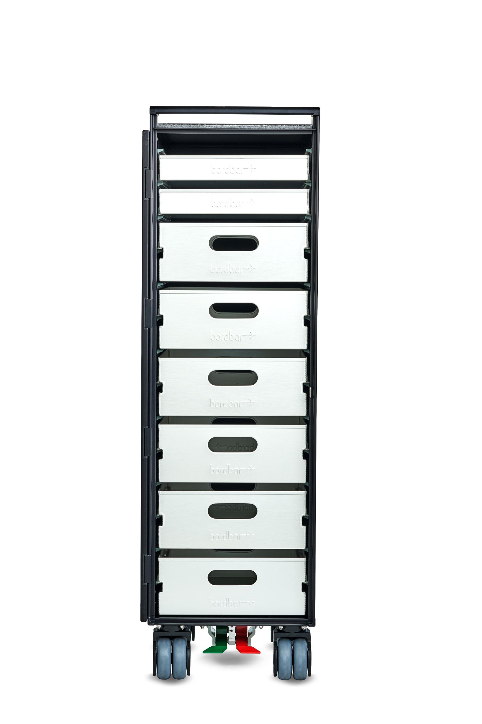 Storage Equipment Set: Bordbar mit Schubladen, Rollen und rot-grüner Bremse für Flugzeug-Trolley Zubehör.