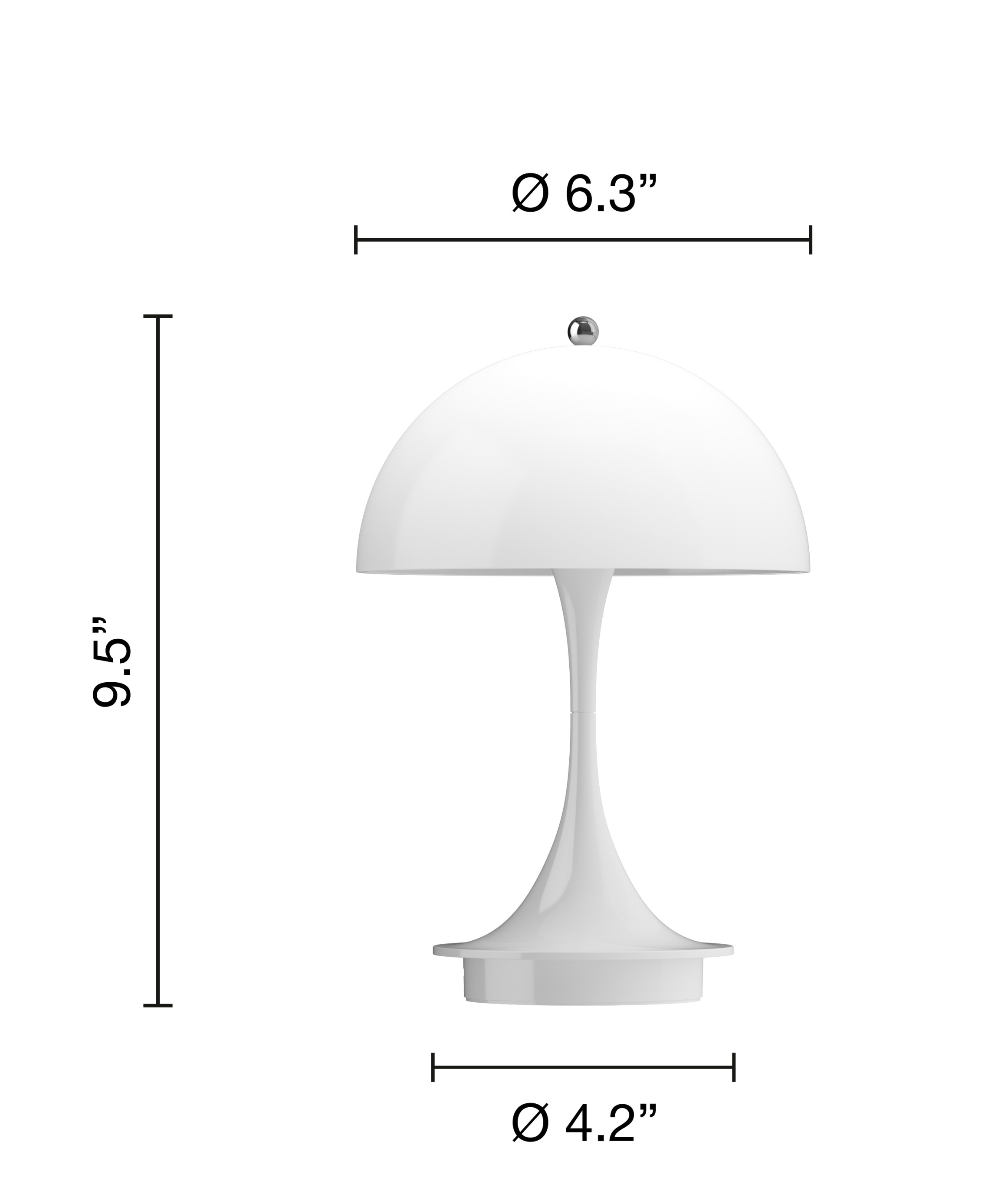Panthella Portable Tischleuchte von Louis Poulsen mit Maßen, Akku LED Lampe für Innen und Außen.