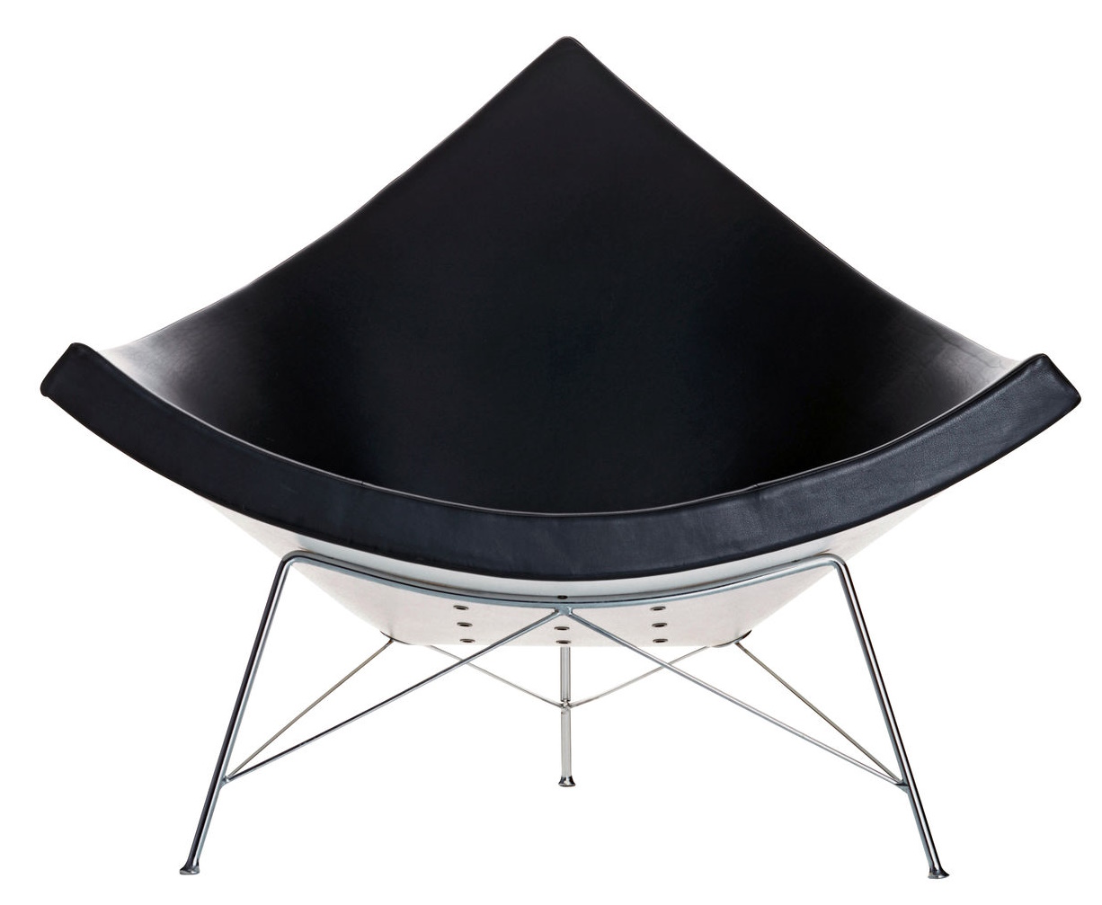 Vitra Coconut Chair mit schwarzer Sitzschale und filigranem, verchromtem Metallgestell, Frontansicht. Designklassiker für modernes Wohnen.