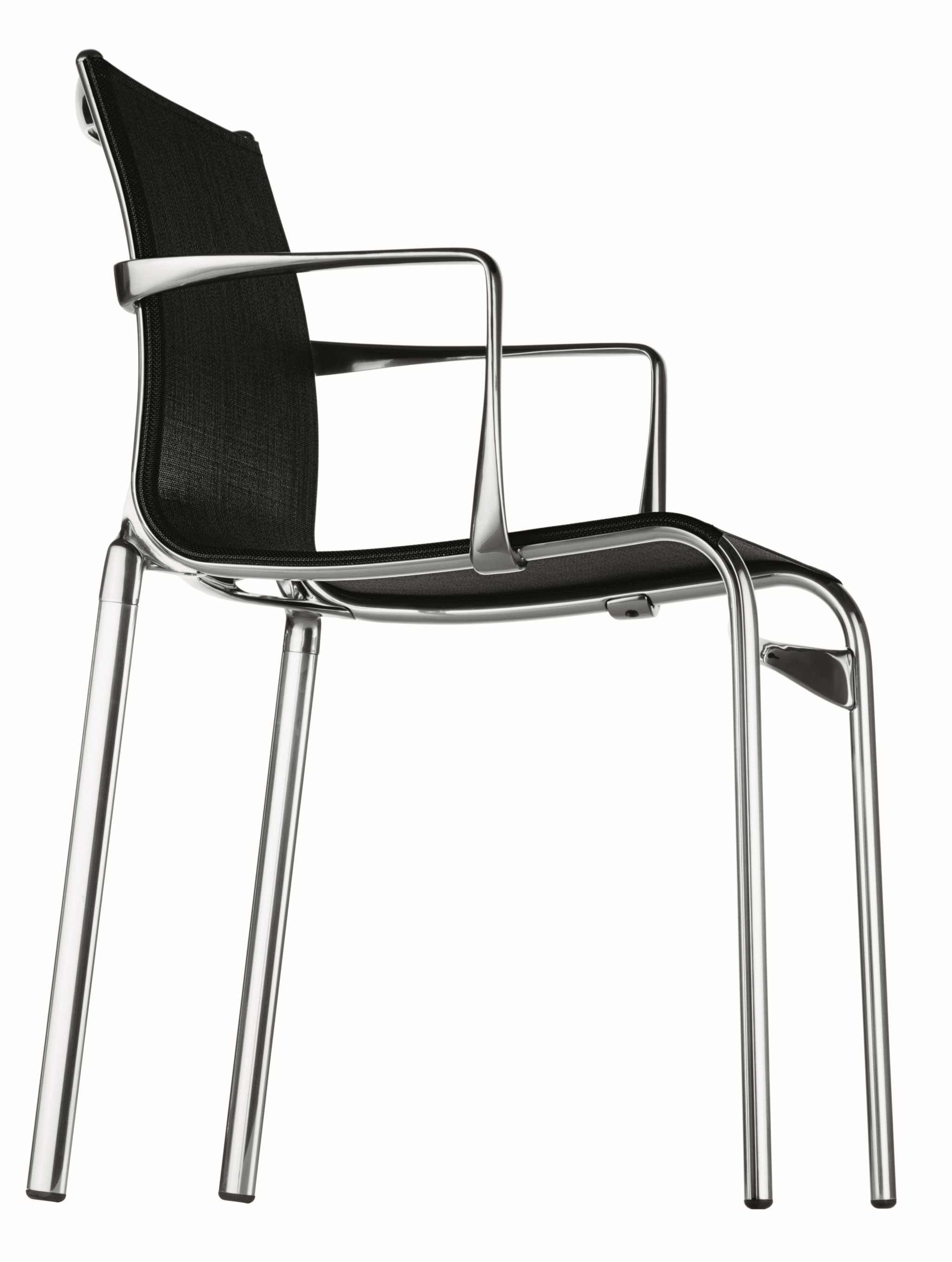 Highframe Stuhl mit Armlehnen, schwarzer Sitzfläche und Rückenlehne, verchromtes Gestell, moderner Bürostuhl.