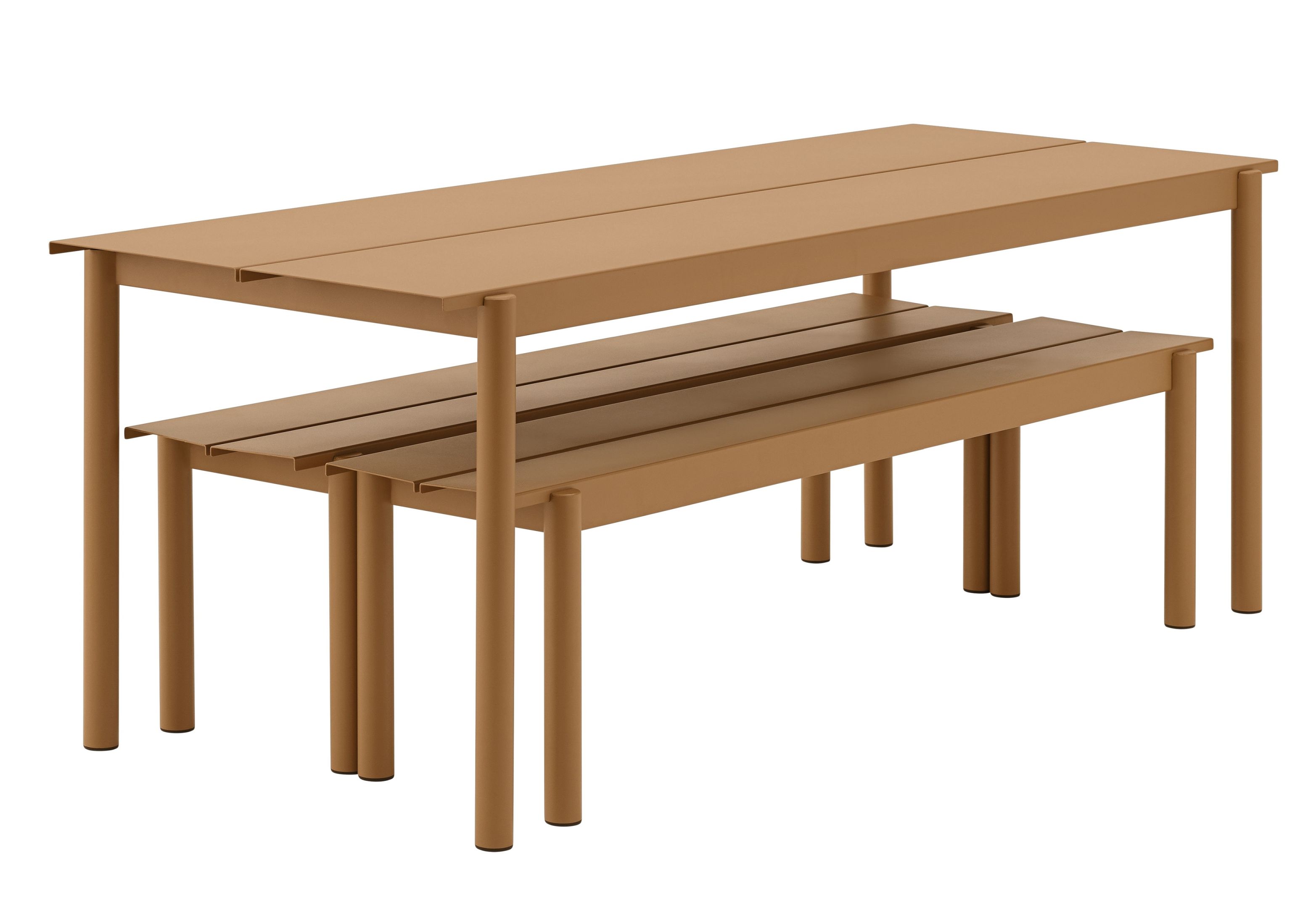 Muuto Linear Steel Outdoor Bank in Beige, modernes Design Gartenbank und Tisch aus Stahl.