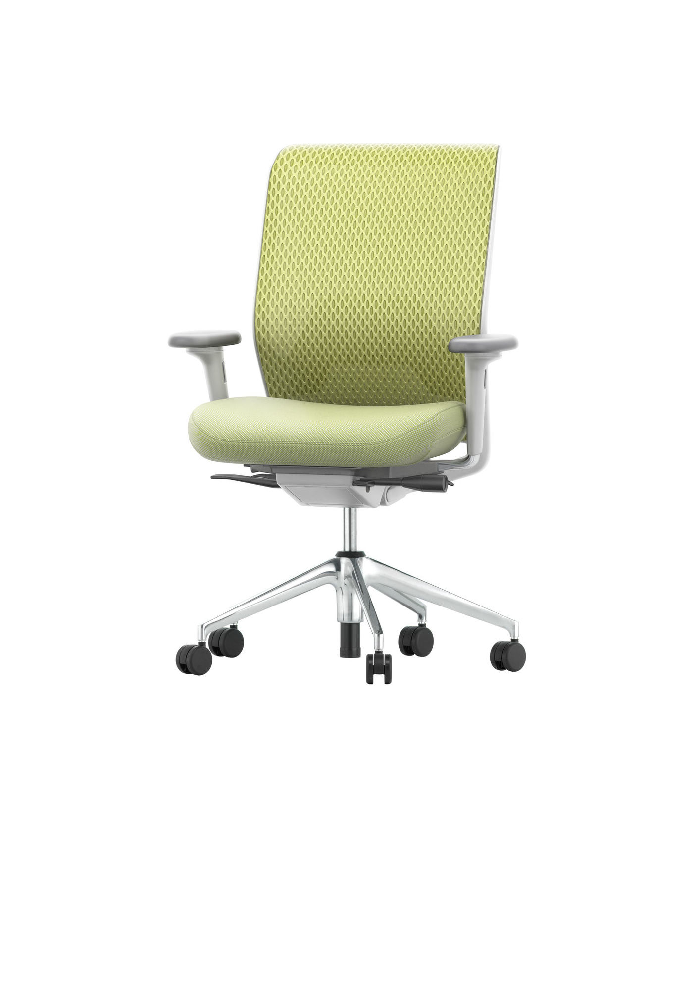 Vitra ID Chair Bürostuhl mit Mesh-Rückenlehne und Lumbalstütze, ergonomischer Drehstuhl in Grün.