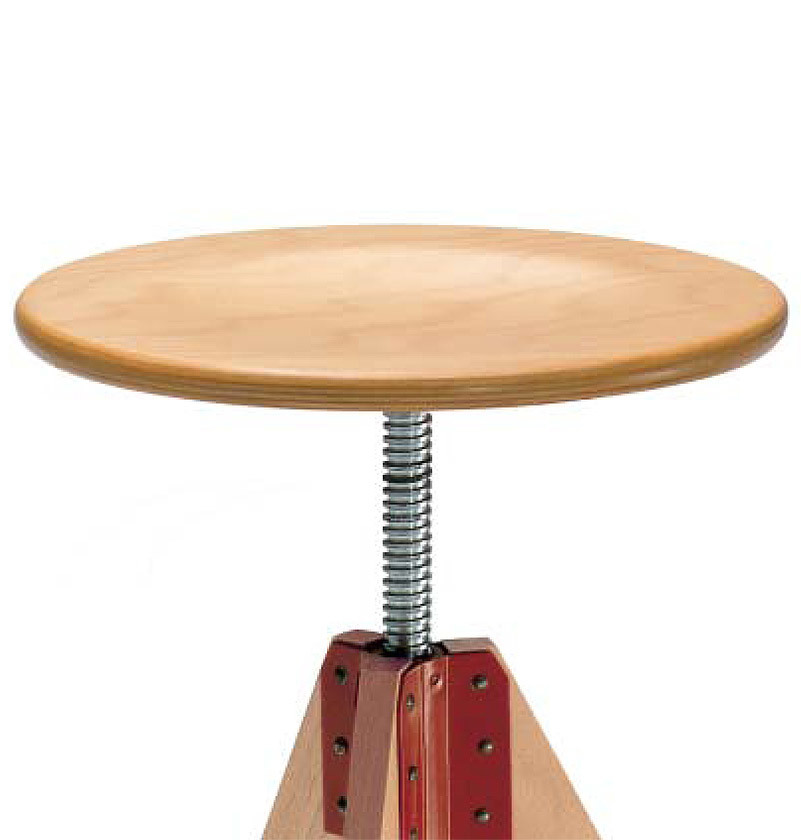 Giotto Hocker: Höhenverstellbarer Design Hocker mit runder Sitzfläche aus Holz und Stahlfeder.
