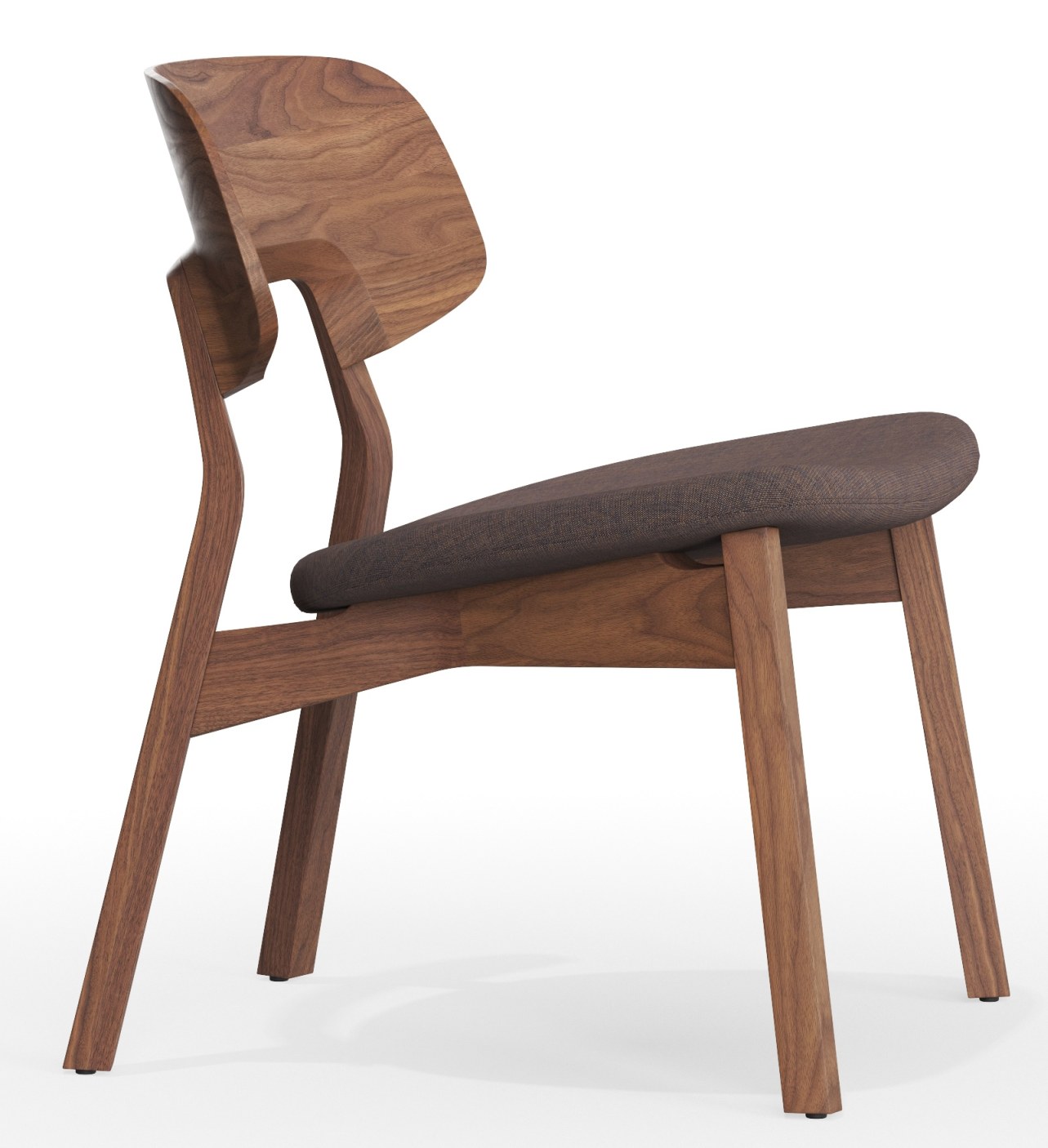 Nonoto Lounge Chair Cocktailsessel mit braunem Sitzpolster und Gestell aus Nussbaumholz, seitliche Ansicht.