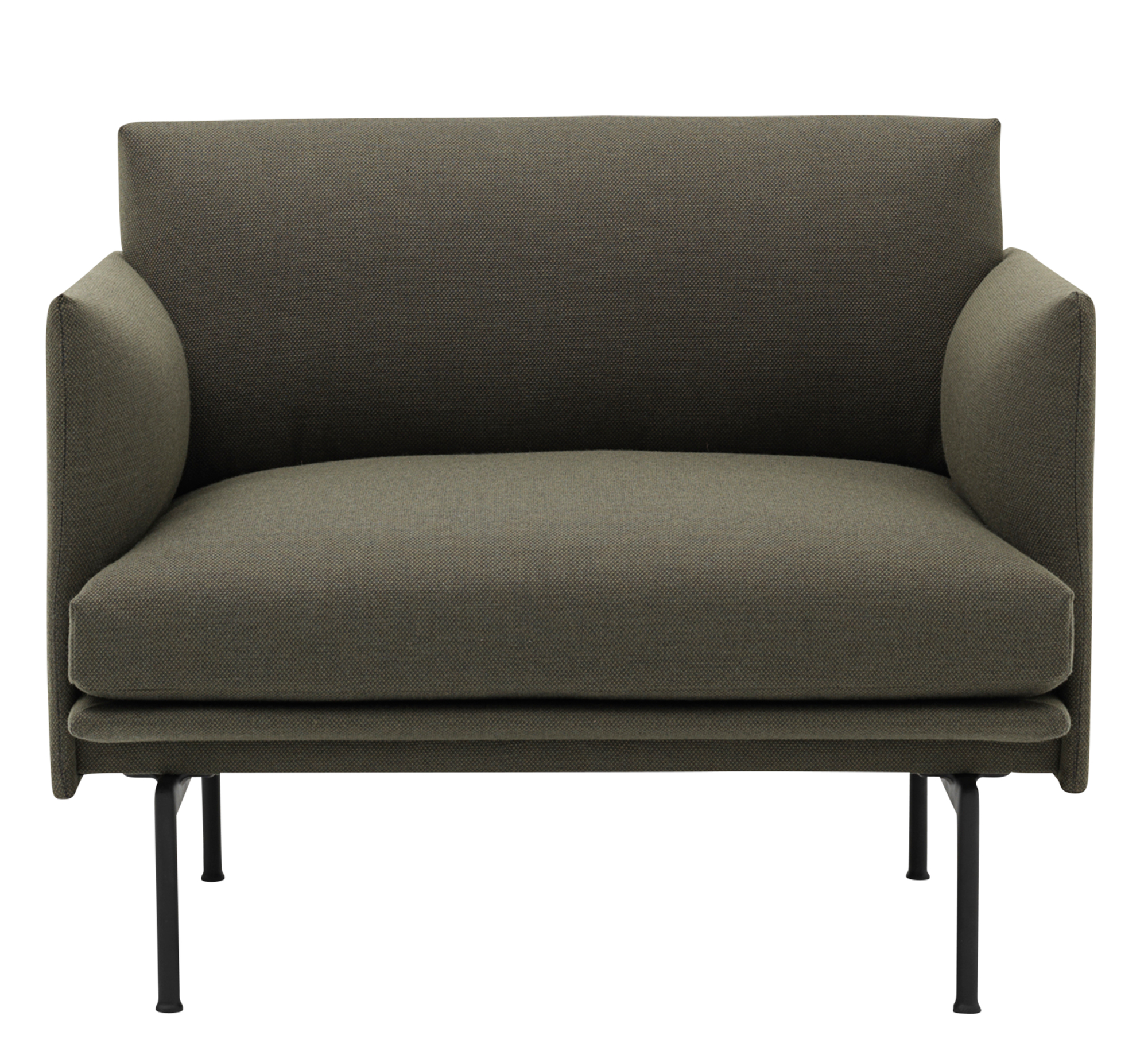 Outline Chair Sessel von Muuto in olivgrünem Stoff mit schwarzen Metallbeinen, Frontansicht.