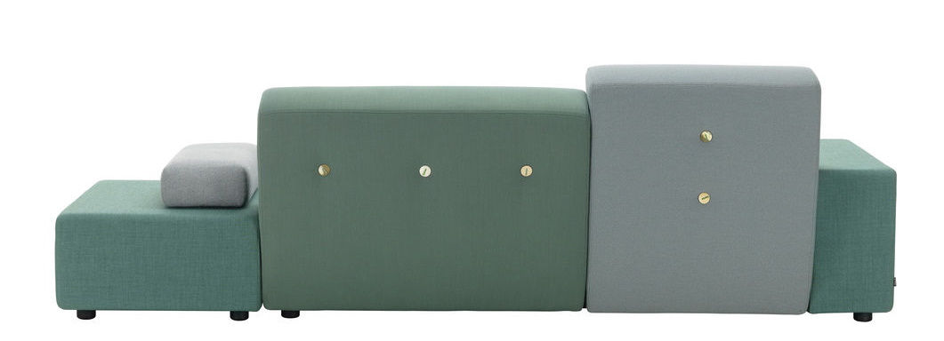 Vitra Polder Sofa mit grünen und grauen Polsterelementen und Knopfdetails, modernes modulares Wohnzimmermöbel.