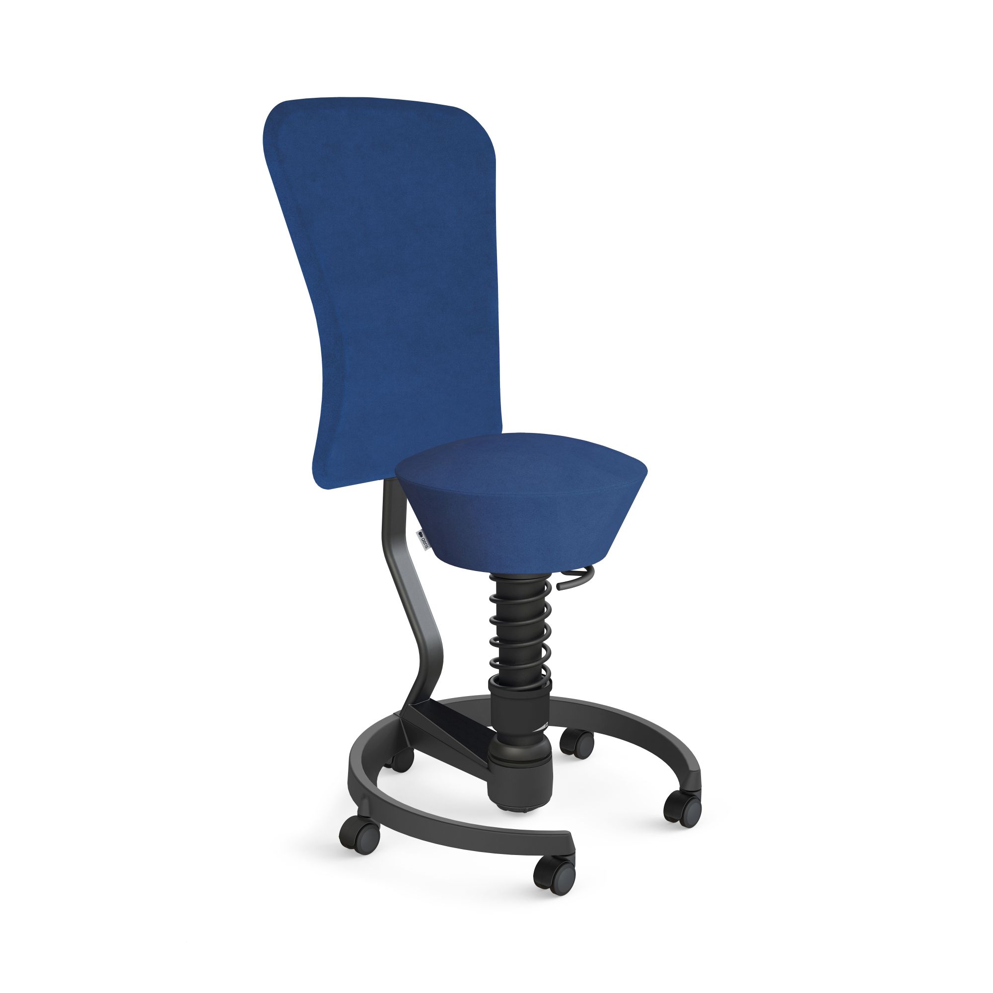 Blauer Swopper Bürostuhl mit Federung und Rollen für ergonomisches Sitzen im Büro.