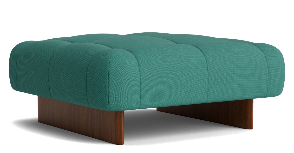 Quilton Lift Ottoman Hocker von Hay, türkisfarbener Polsterhocker mit braunem Holzfuß für Wohnzimmer.