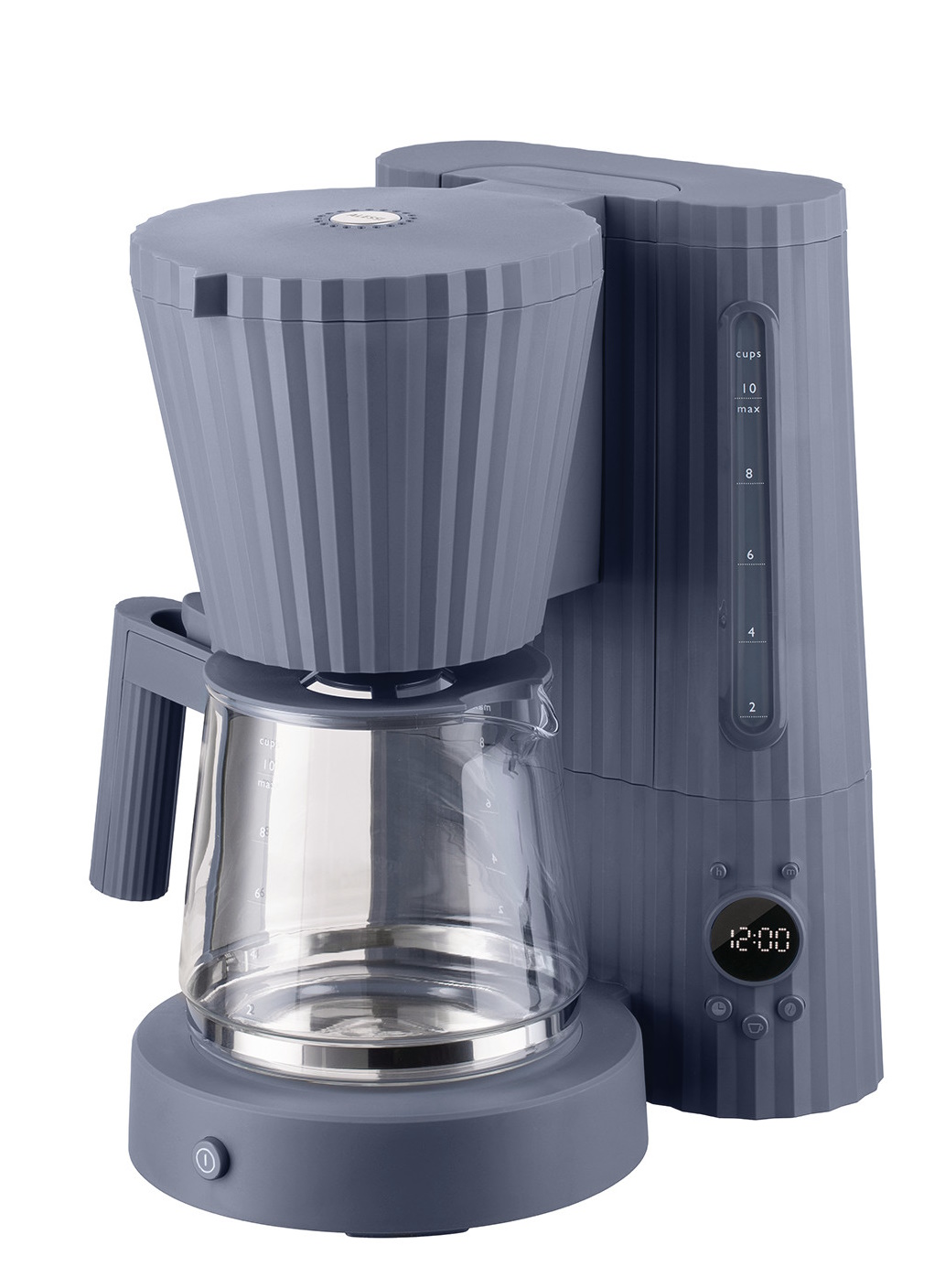 Alessi Filterkaffeemaschine MDL14 im Plissé-Design, blaue Kaffeemaschine mit Glaskanne und digitaler Anzeige.