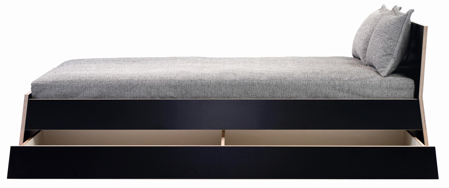 Bettkasten Schublade für Stockholm Bett von Richard Lampert, schwarzes Holz, Stauraum für Schlafzimmer.