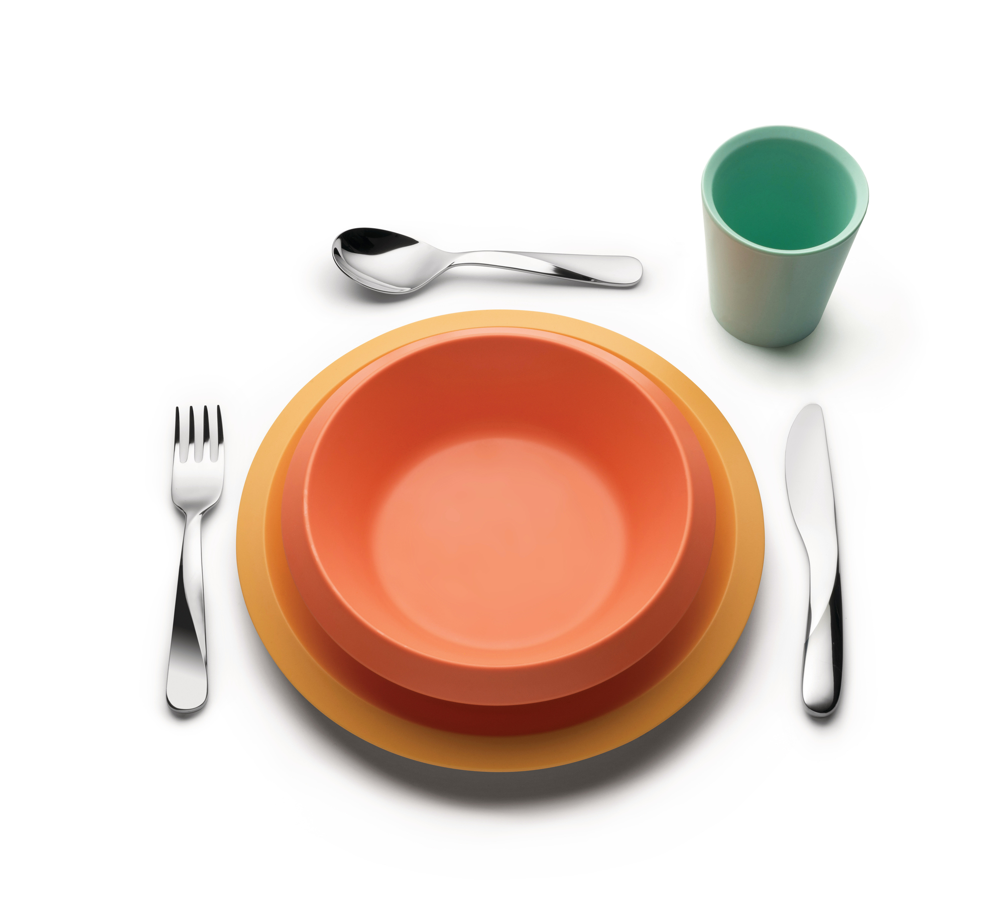 Alessi Kindergeschirr Set: Teller, Schüssel, Becher und Besteck für Babys und Kleinkinder.