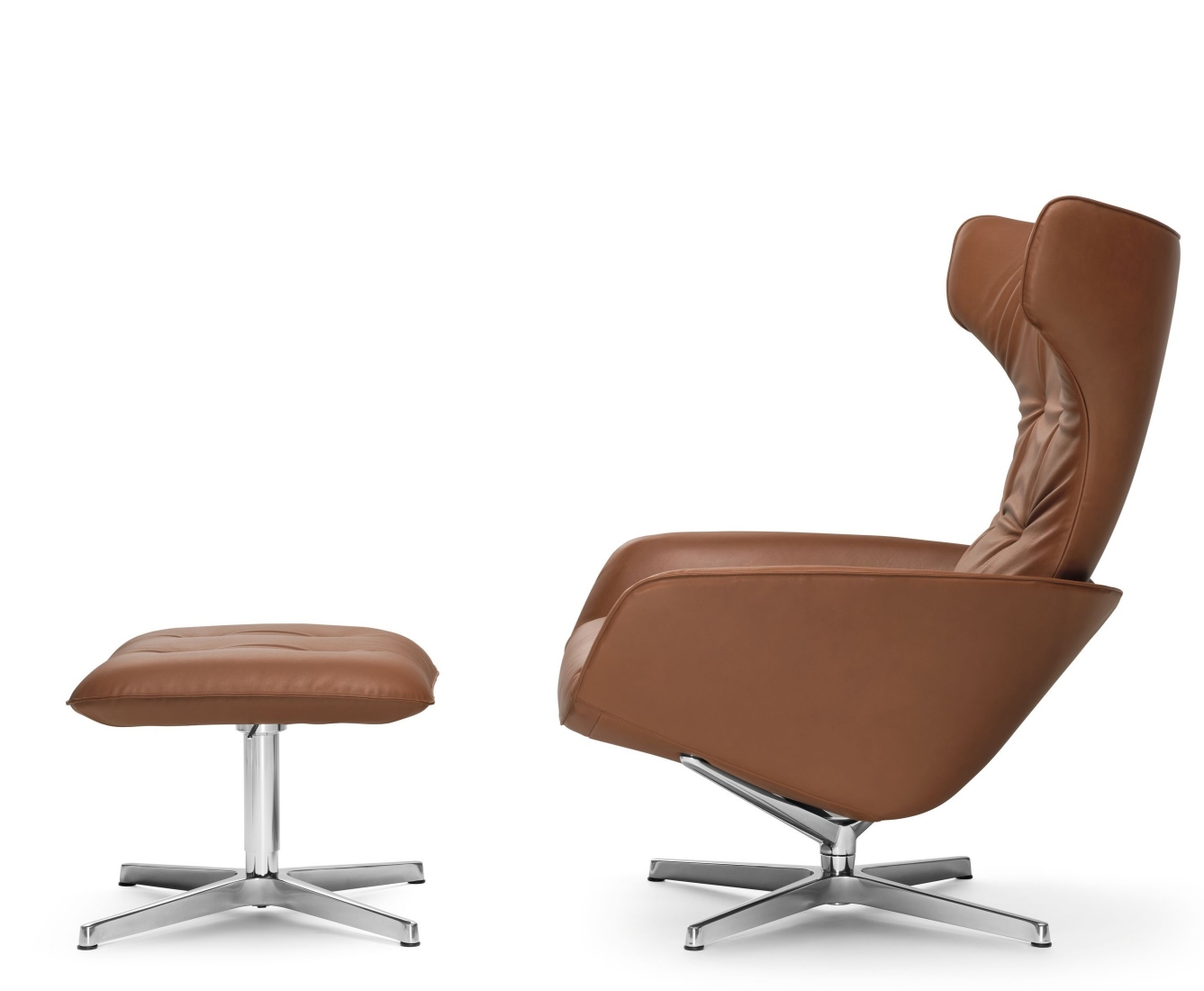Onsa Hocker von Walter Knoll, brauner Lederhocker mit Fußhocker und silbernem Fußkreuz.