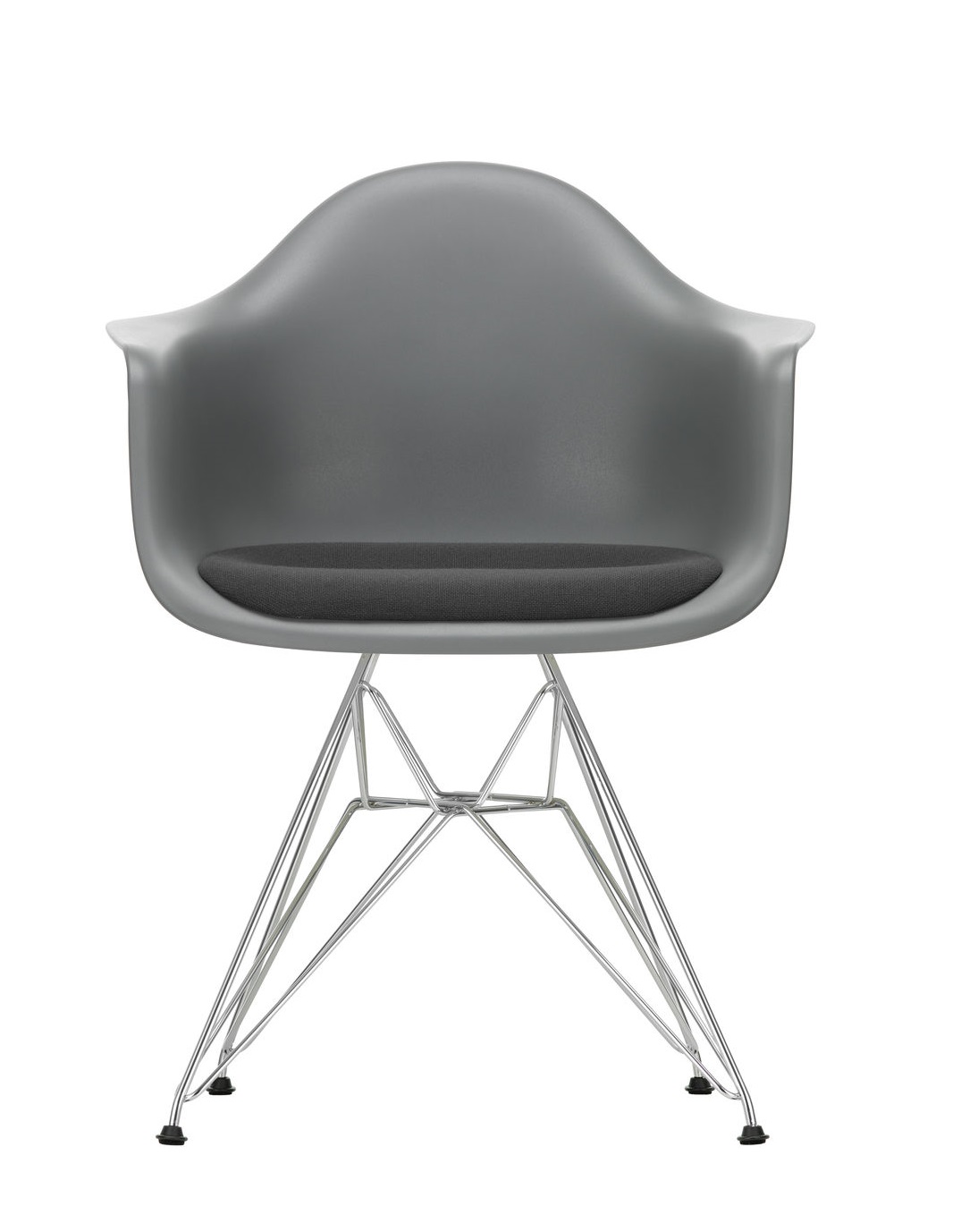Grauer Eames Plastic Arm Chair DAR Stuhl von Vitra mit Sitzpolster und verchromtem Drahtgestell.