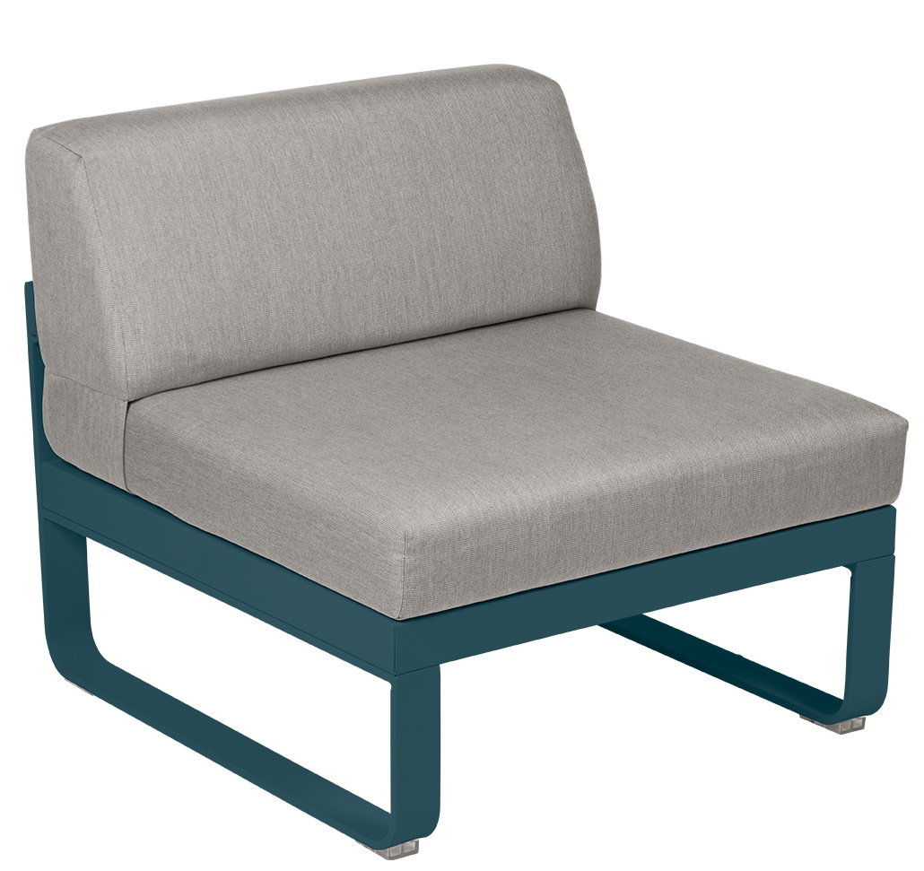 Bellevie Fermob Outdoor Sofa Mitte Modul 1-Sitzer, grauer Stoffbezug, petrolfarbenes Metallgestell, moderne Gartenmöbel.