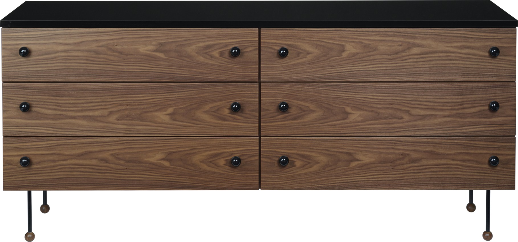 Gubi Sideboard 62 aus Nussbaumholz mit sechs Schubladen und schwarzer Platte. Designmöbel für Wohnzimmer.