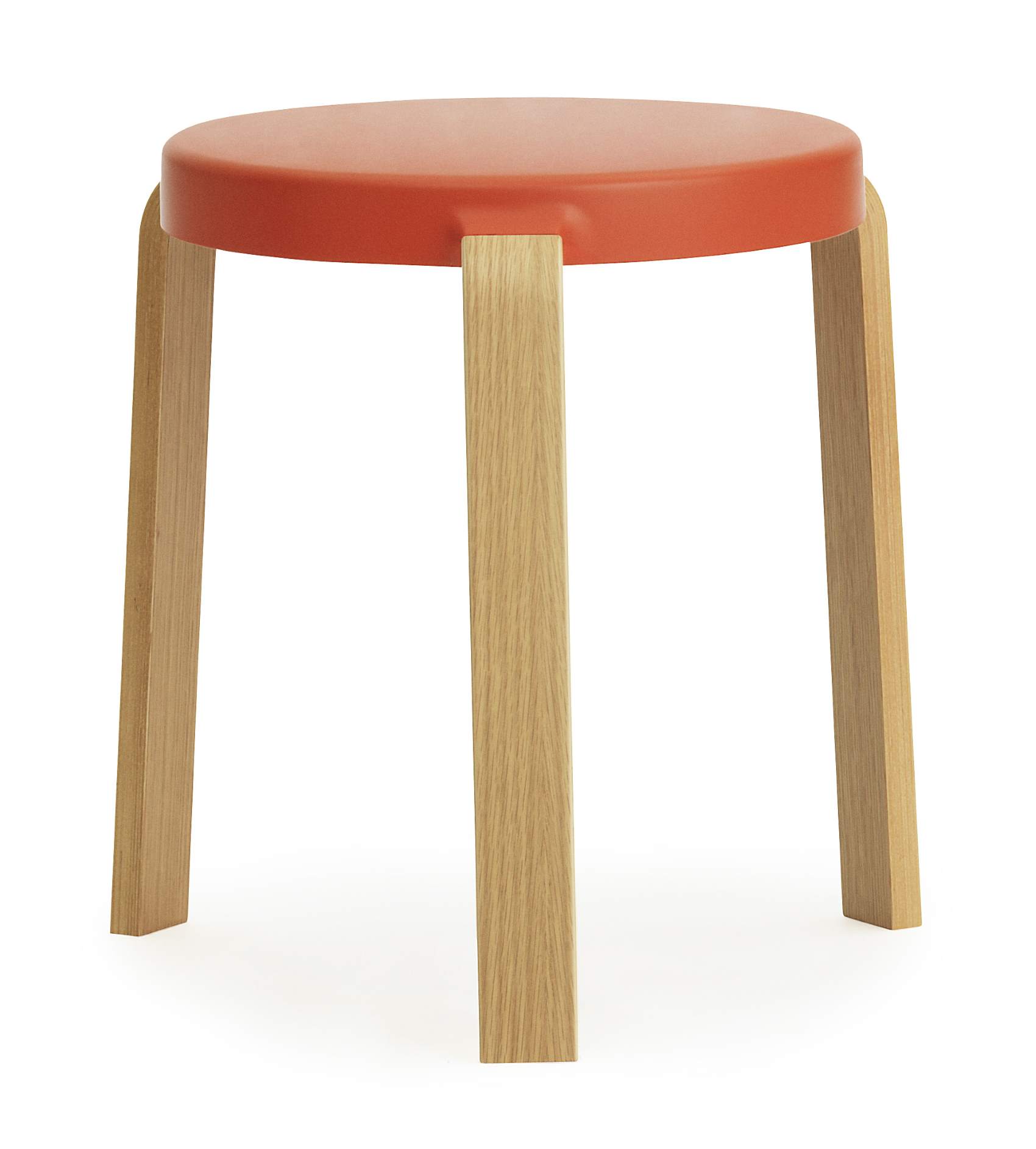 Tap Hocker von Normann Copenhagen, orangefarbene Sitzfläche und helle Holzbeine, minimalistisches Design für moderne Wohnräume.