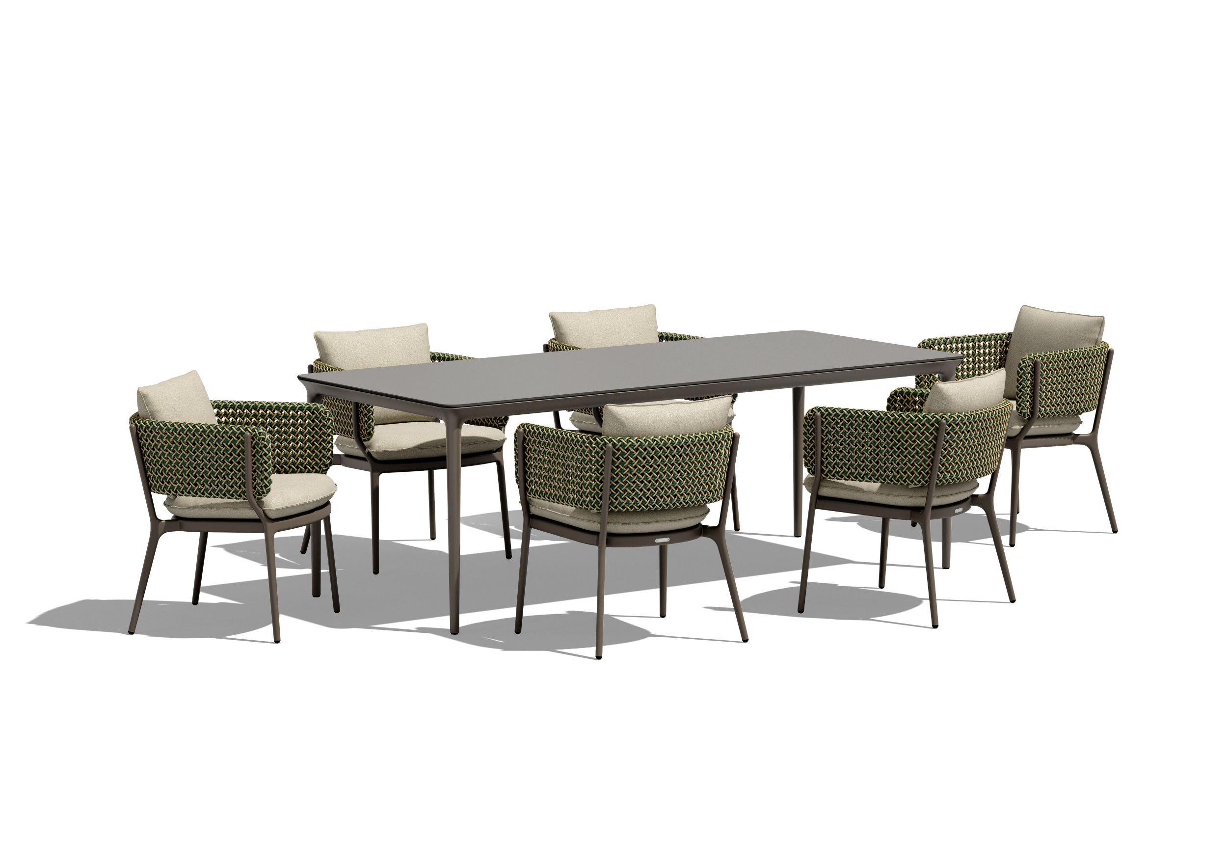 Bellmonde Esstisch XL mit HPL-Tischplatte und sechs Outdoor-Stühlen mit geflochtenen Lehnen.