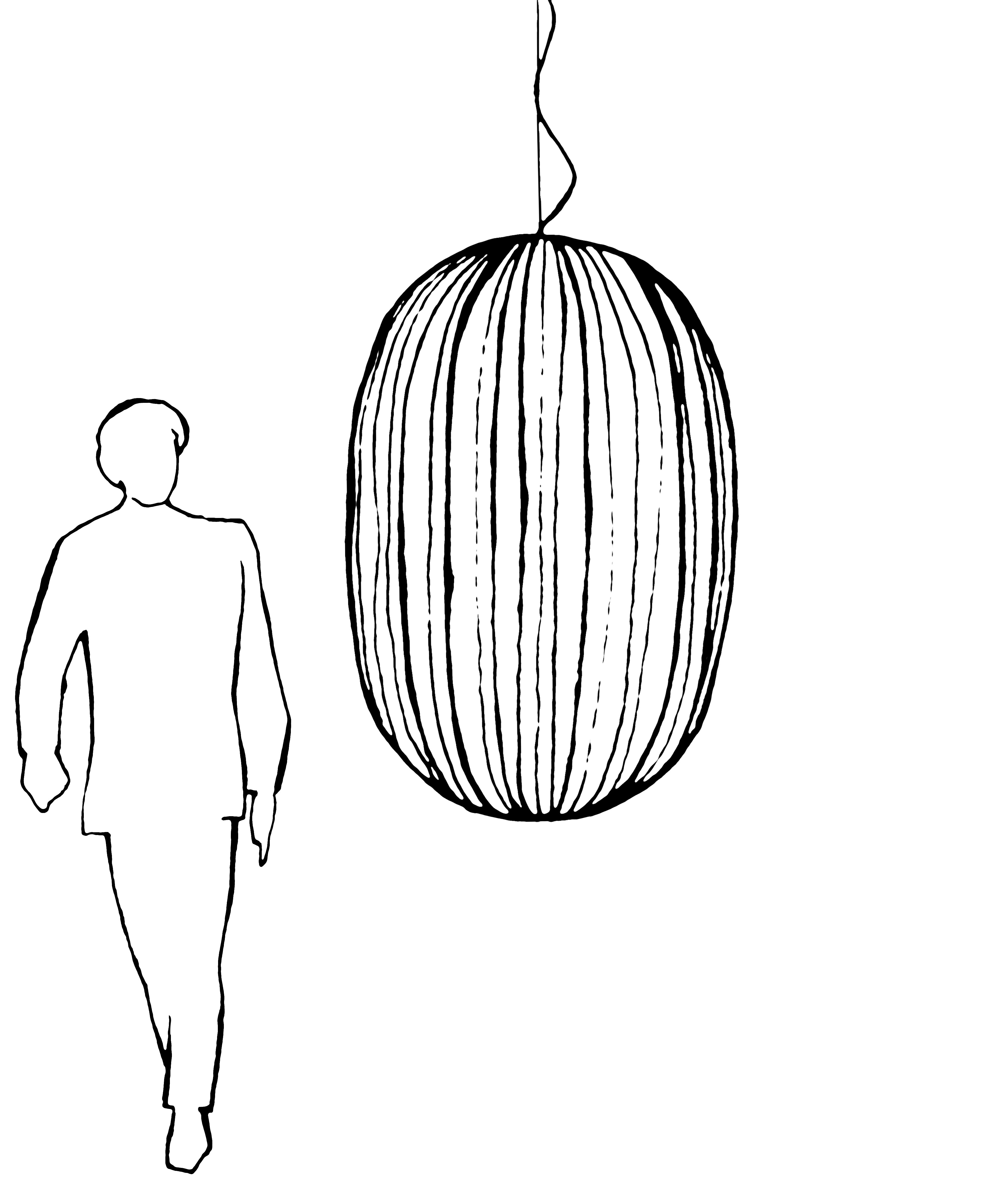 Skizze einer großen, ovalen PLASS Hängeleuchte von Foscarini neben einer Person zur Größenanzeige.