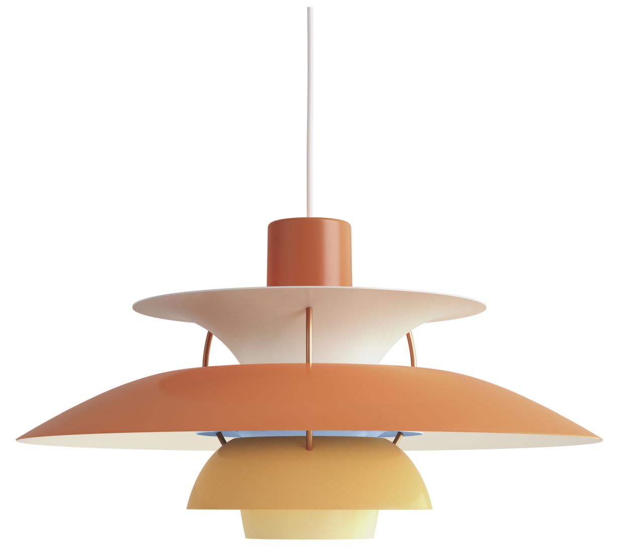 PH 5 Pendelleuchte von Louis Poulsen in Orange und Weiß, modernes Design für Wohnräume.
