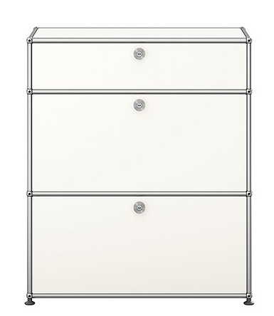 Weißes USM Haller Highboard mit zwei Klappen und verchromtem Gestell für stilvolle Büroeinrichtung.
