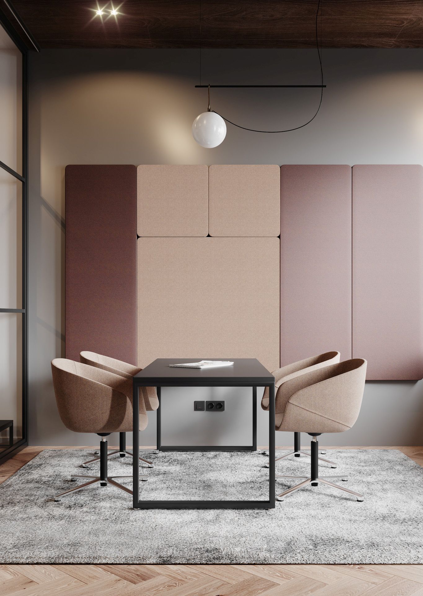 ox:co OX 4C Konferenzsessel Bejot in Beige um einen schwarzen Konferenztisch mit Teppich.