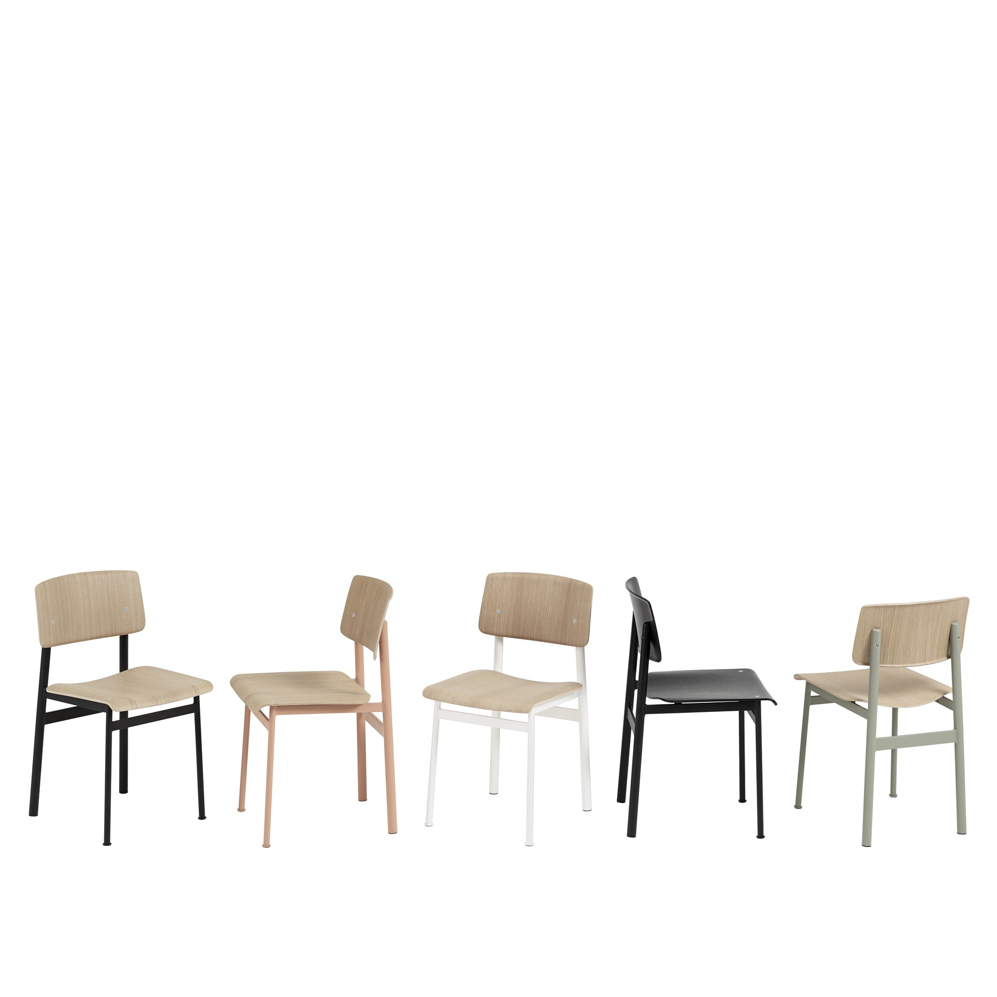 Fünf Muuto Loft Chair Stühle in verschiedenen Farben, minimalistisches Design für Esszimmer und Büro.