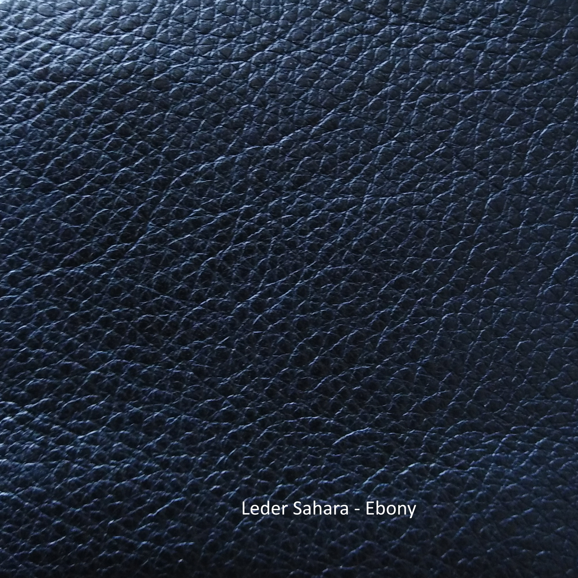 Detailaufnahme der Ledermusterkarte "Sahara" von Freifrau Manufaktur, dunkelblaues Echtleder mit feiner Narbung.