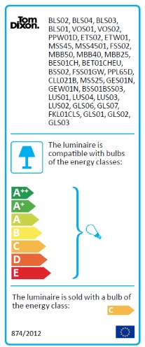 Energieeffizienzlabel der Tom Dixon Stone LED Pendelleuchte, kompatibel mit Leuchtmitteln der Energieklassen A++ bis E.