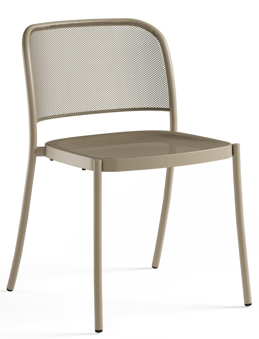 Café Chair Stuhl von Emu für den Außenbereich, Metall, beige, modernes Design mit filigranem Netzmuster.