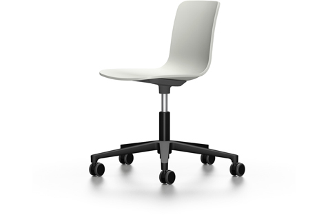 Weißer Hal RE Studio Drehstuhl von Vitra mit schwarzem Fußkreuz und Rollen. Bürostuhl.
