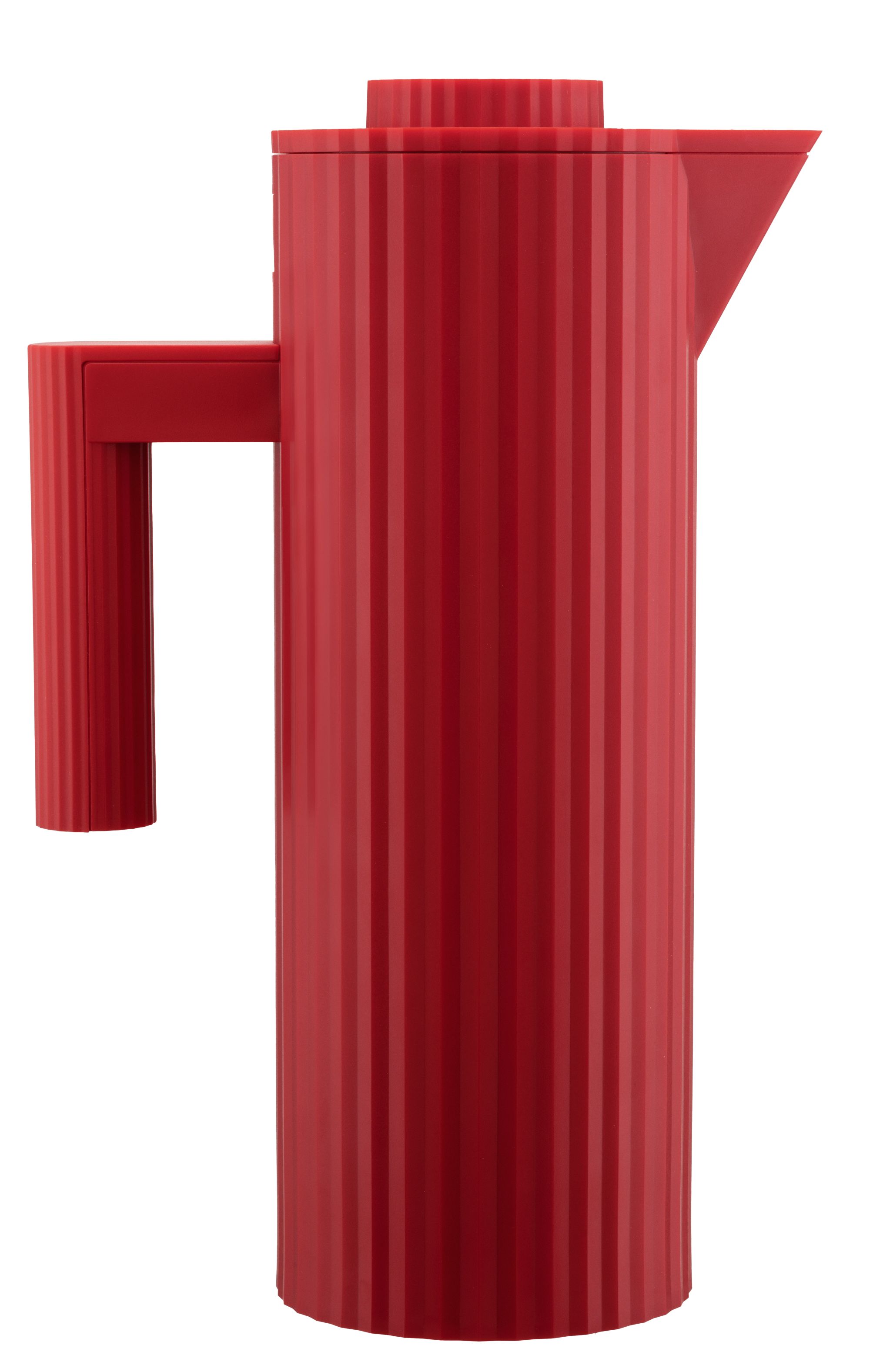 Rote Alessi Isolierkanne MDL12 mit Plissee-Design, ideal für Tee, Kaffee und andere Heißgetränke.