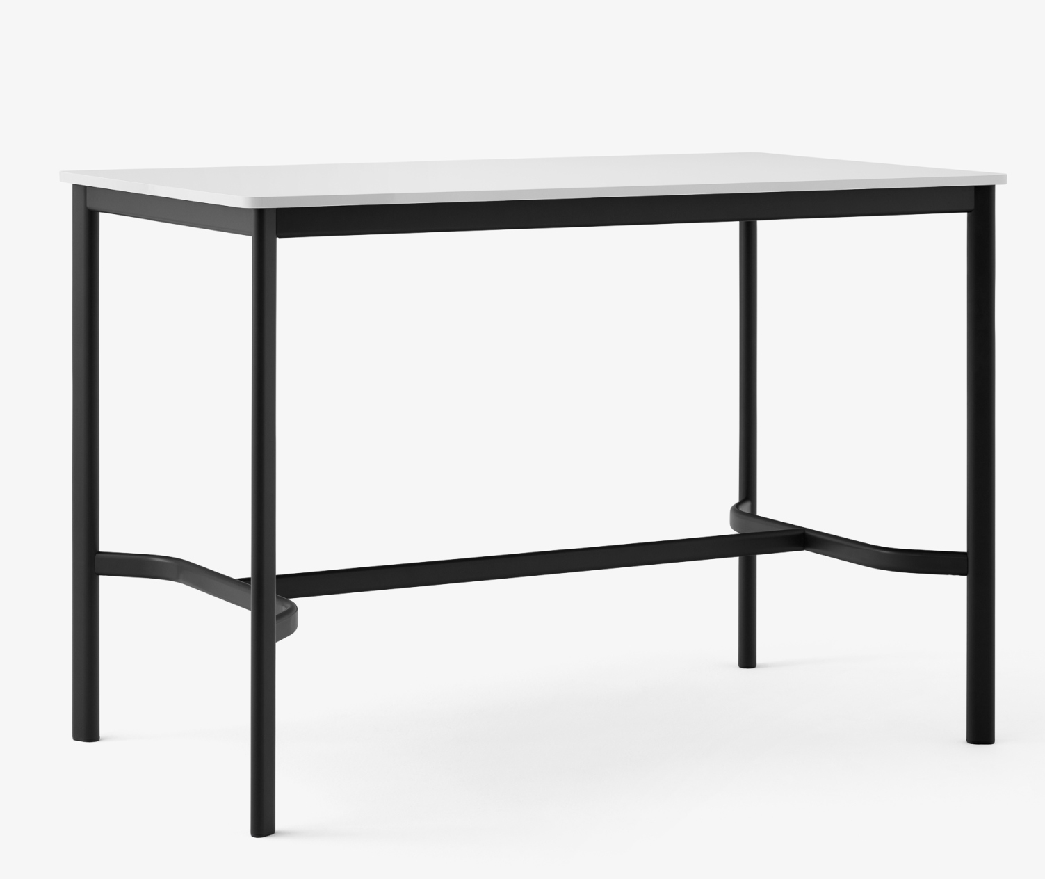 AndTradition Drip Stehtisch mit weißer Tischplatte und schwarzem Metallgestell für moderne Küchen und Bars.
