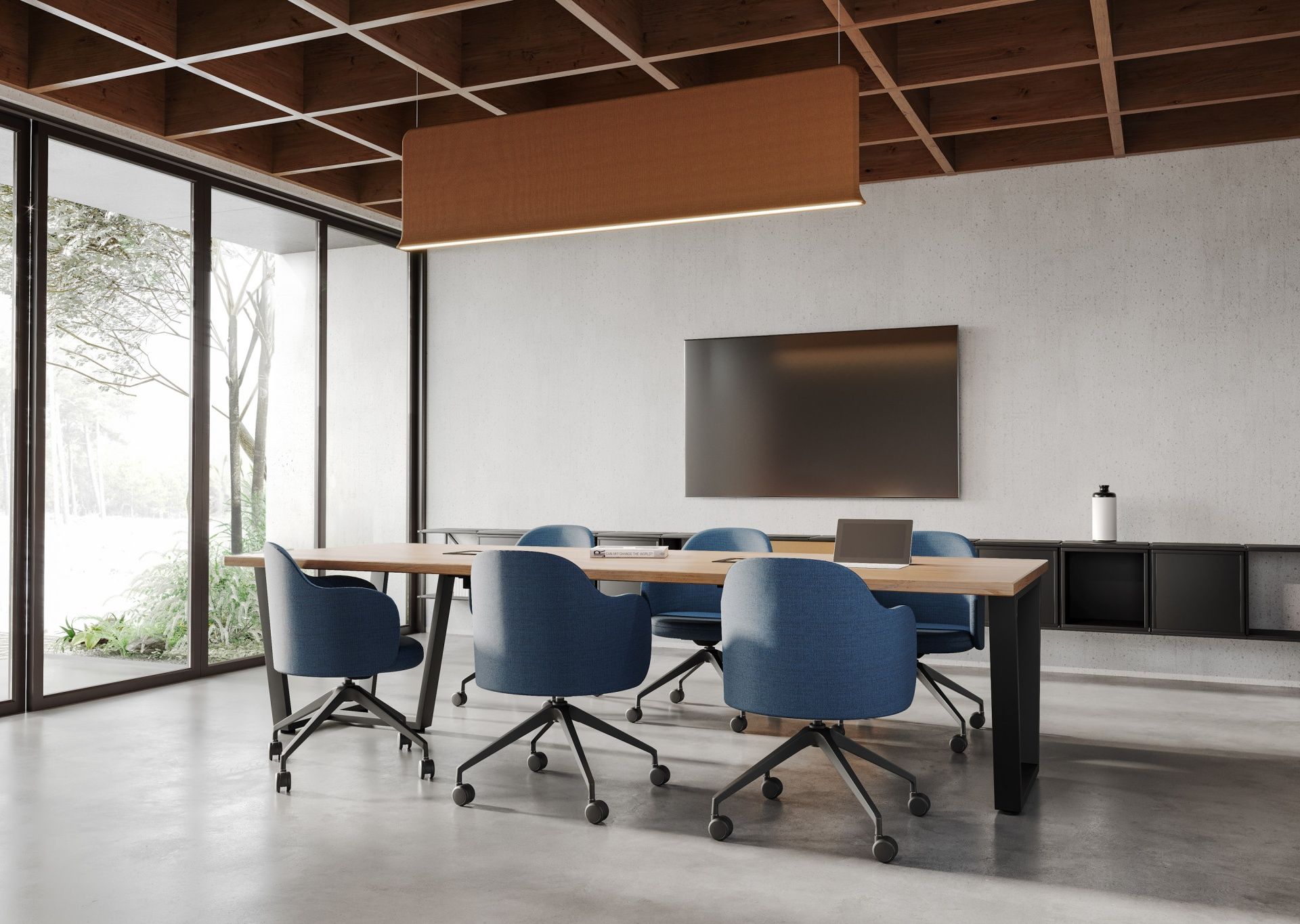 Konferenzraum mit großem Tisch und blauen Drehstühlen, Modell FS KP 5R von flos Bejot.