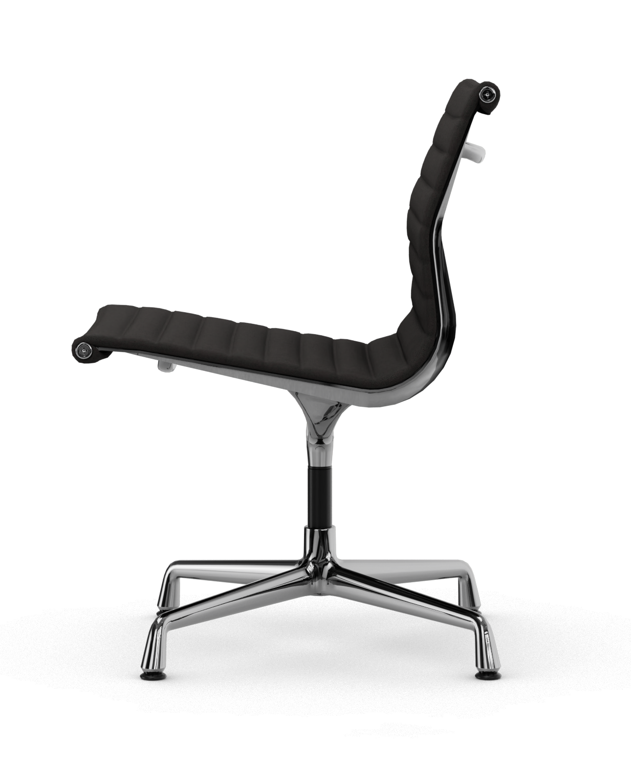 Schwarzer Aluminium Chair EA 105 von Vitra, Seitenansicht, mit verchromtem Gestell und gerippter Polsterung.