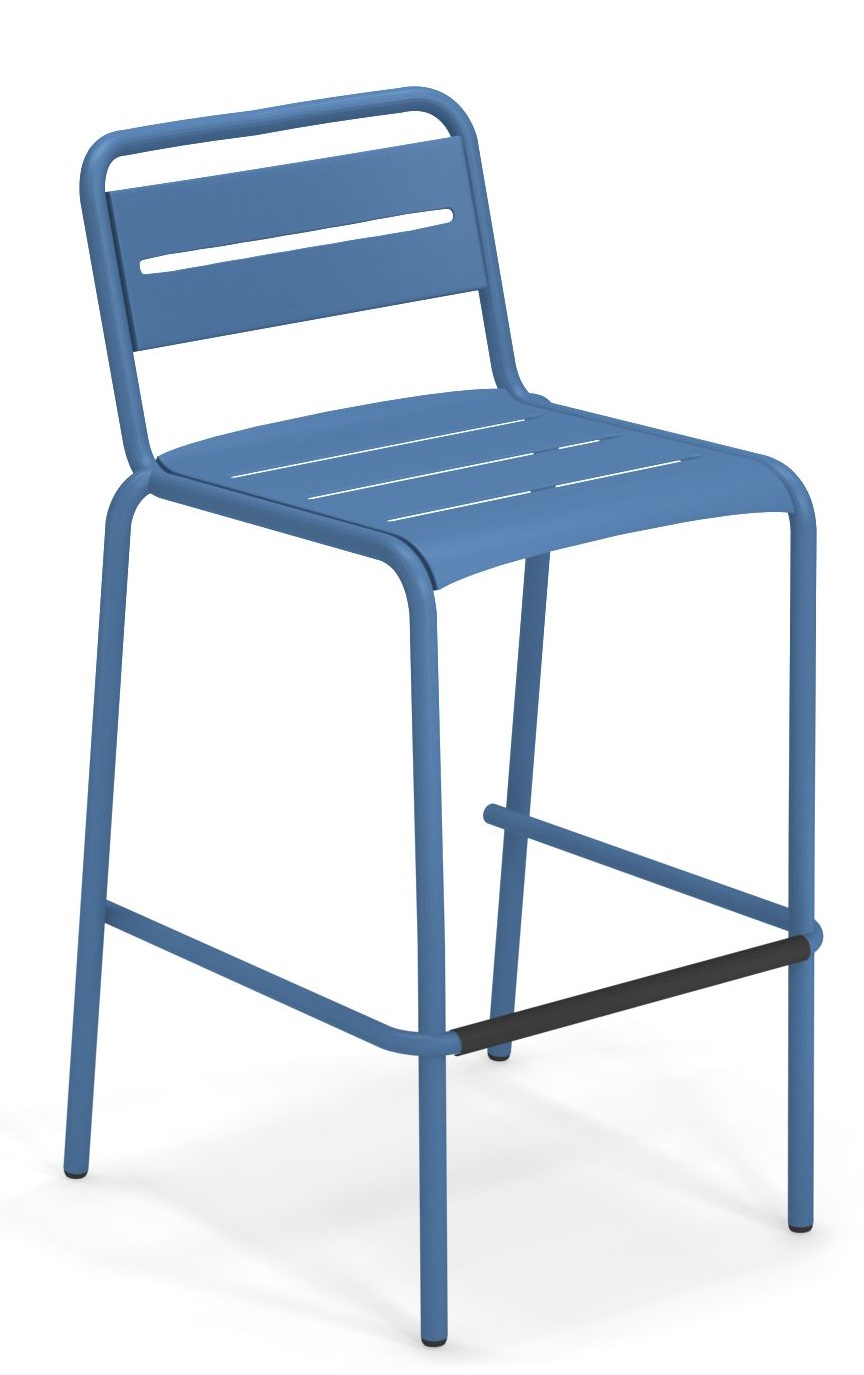 Blauer Star Barhocker von Emu für den Außenbereich, moderner Metall-Barstuhl mit Rückenlehne und Fußstütze.