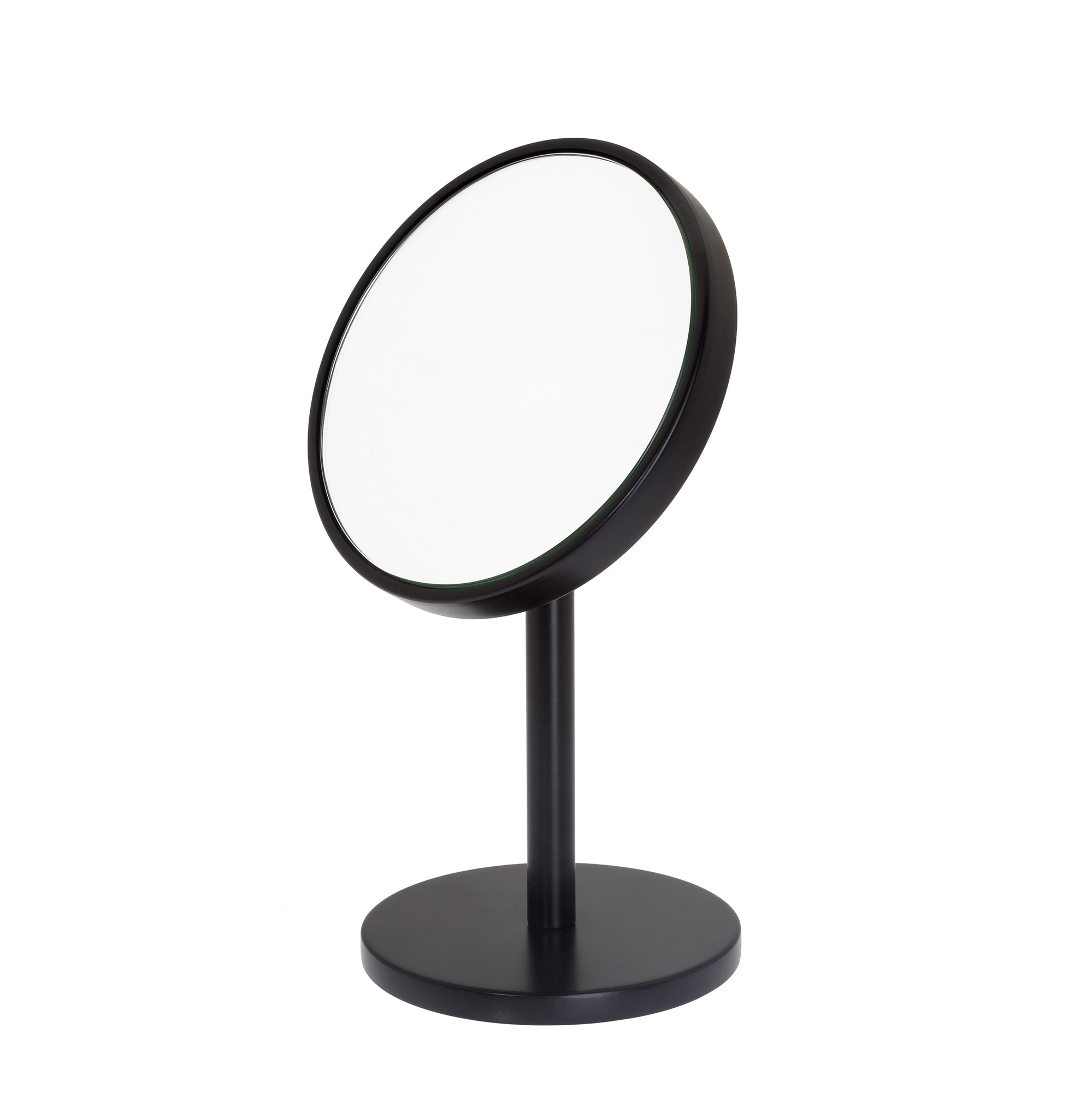 Schwarzer Beauty Schminkspiegel von Schönbuch: Runder Kosmetikspiegel mit schieferfarbenem Lack und minimalistischem Design.