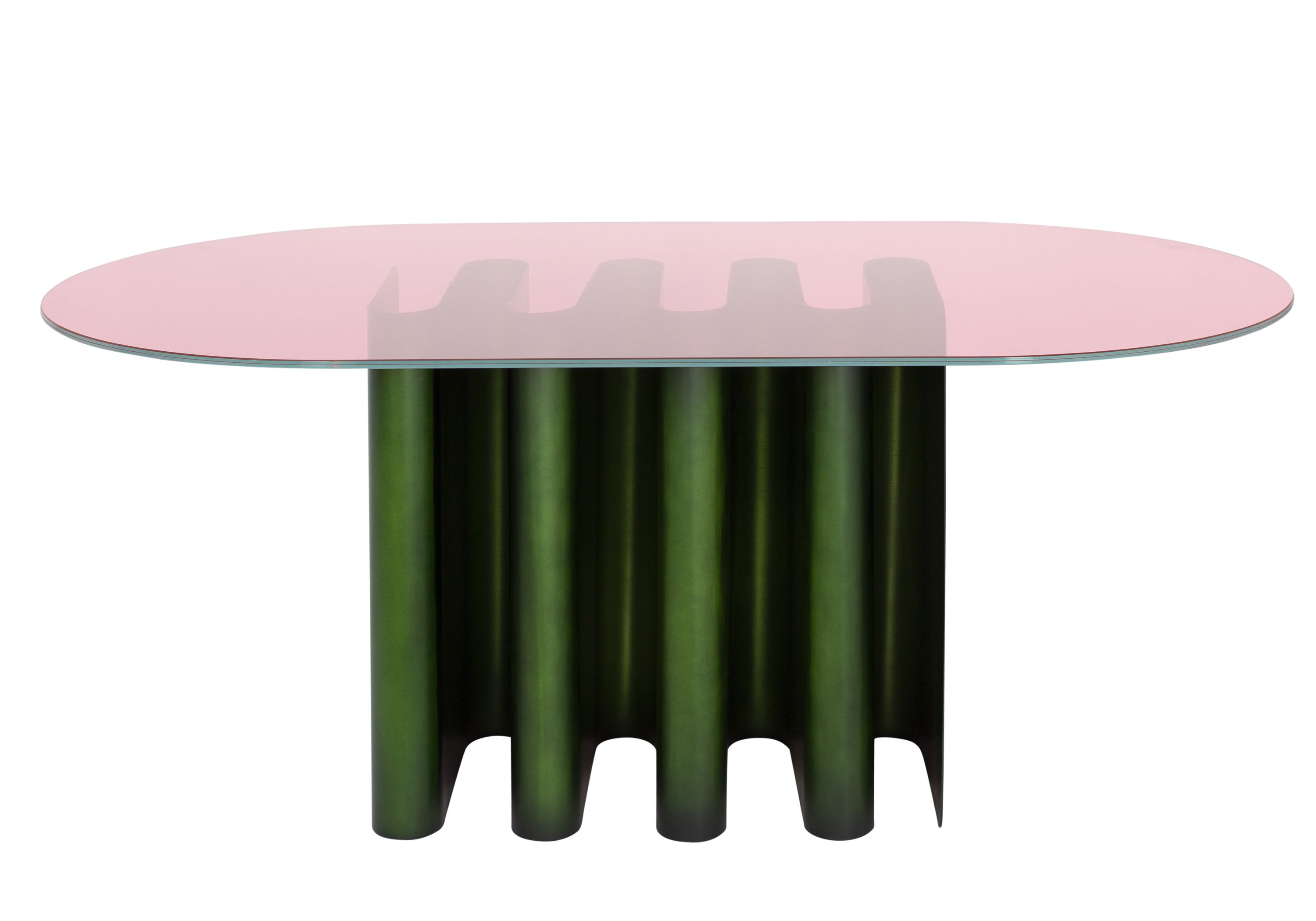 Tavolo2 Esstisch von Pulpo mit rosa Glasplatte und grünem, geriffeltem Säulenfuß.