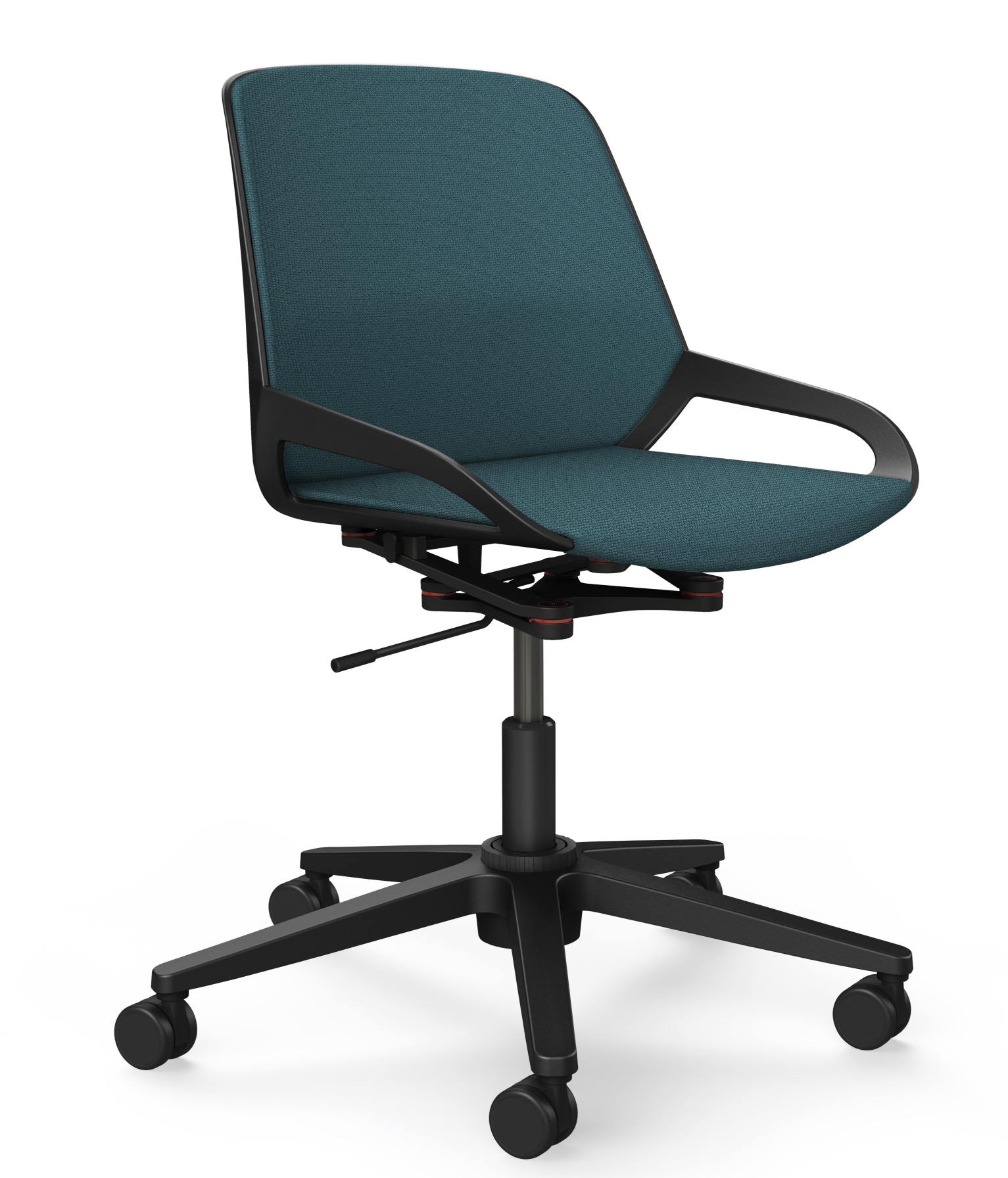 Numo Task Bürodrehstuhl von Aeris mit Säule, Rollen und blauem Stoffbezug für ergonomisches Sitzen.