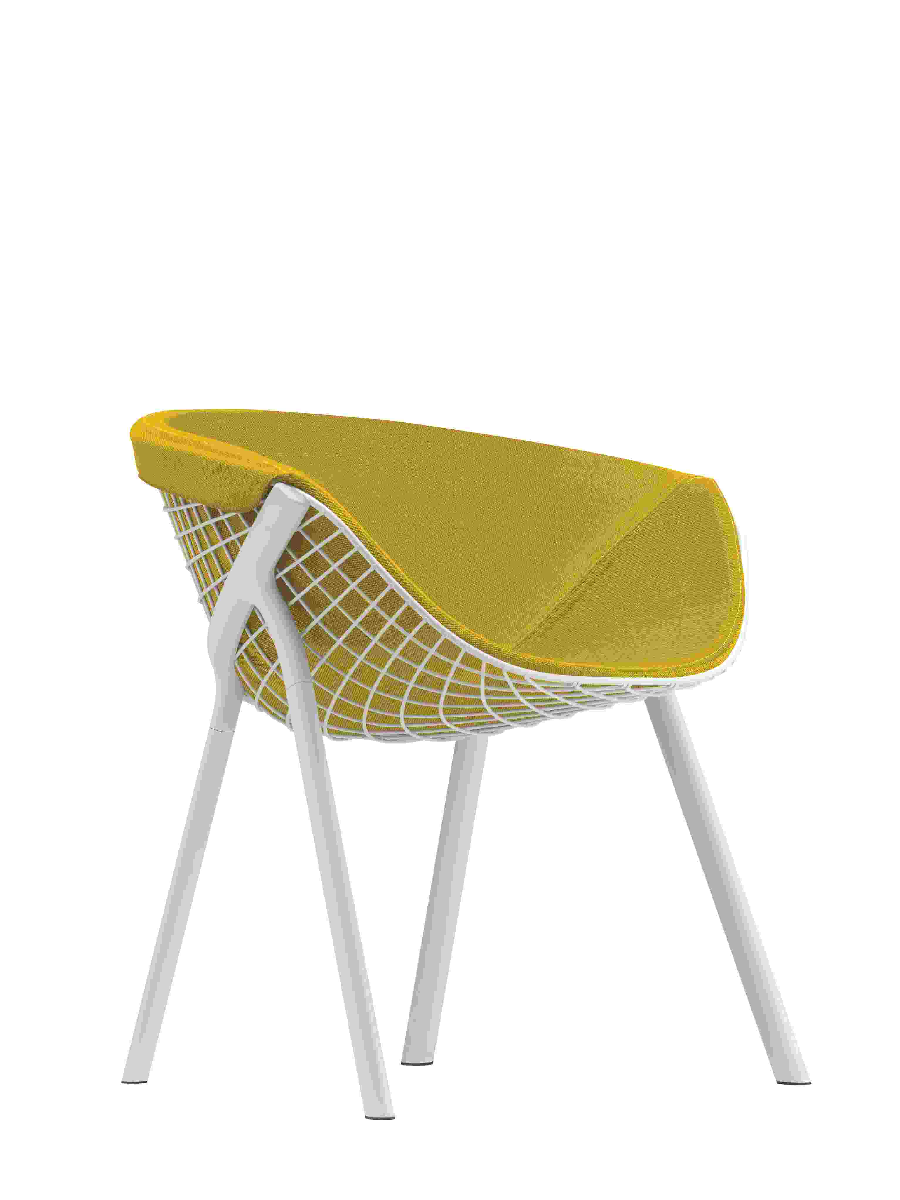 Kobi Chair Stuhl mit gelbem Sitzpolster und weißem Drahtgestell, moderner Design Stuhl für Wohnzimmer.