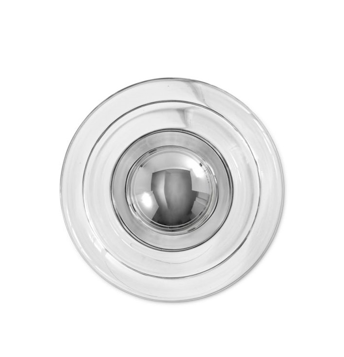 Nahaufnahme der runden Tom Dixon Press Surface Mini LED Wandleuchte aus klarem Glas.