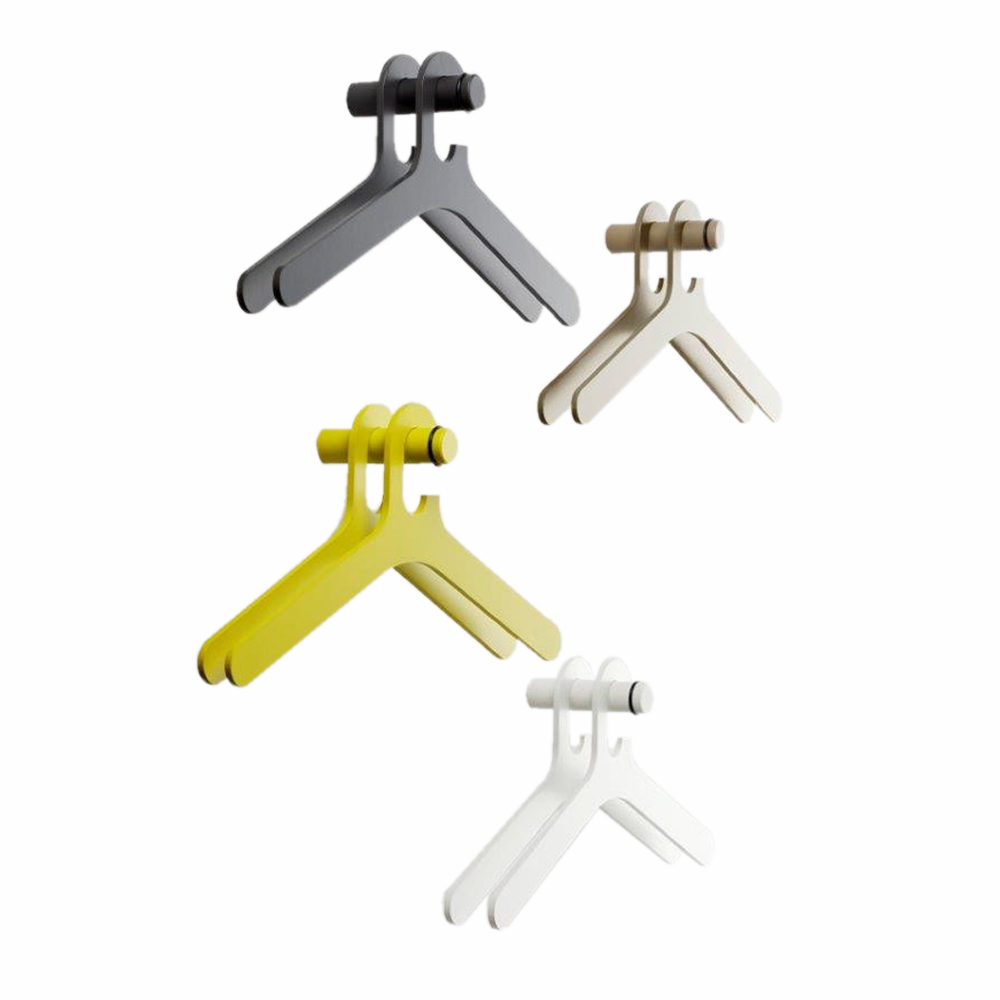 Cascando Pole Kleiderbügel in Grau, Beige, Gelb und Weiß für stilvolle Garderobenlösungen.