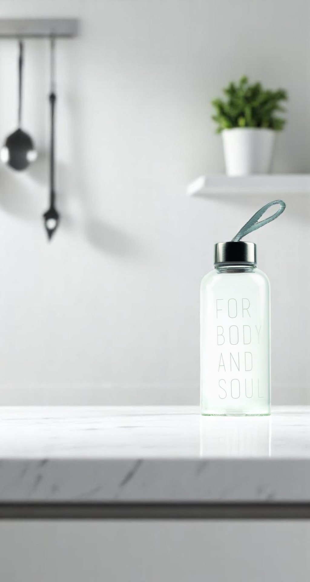 Balance Flasche "For body and soul" von Räder, 450ml, Glasflasche mit Schriftzug und Trageschlaufe.