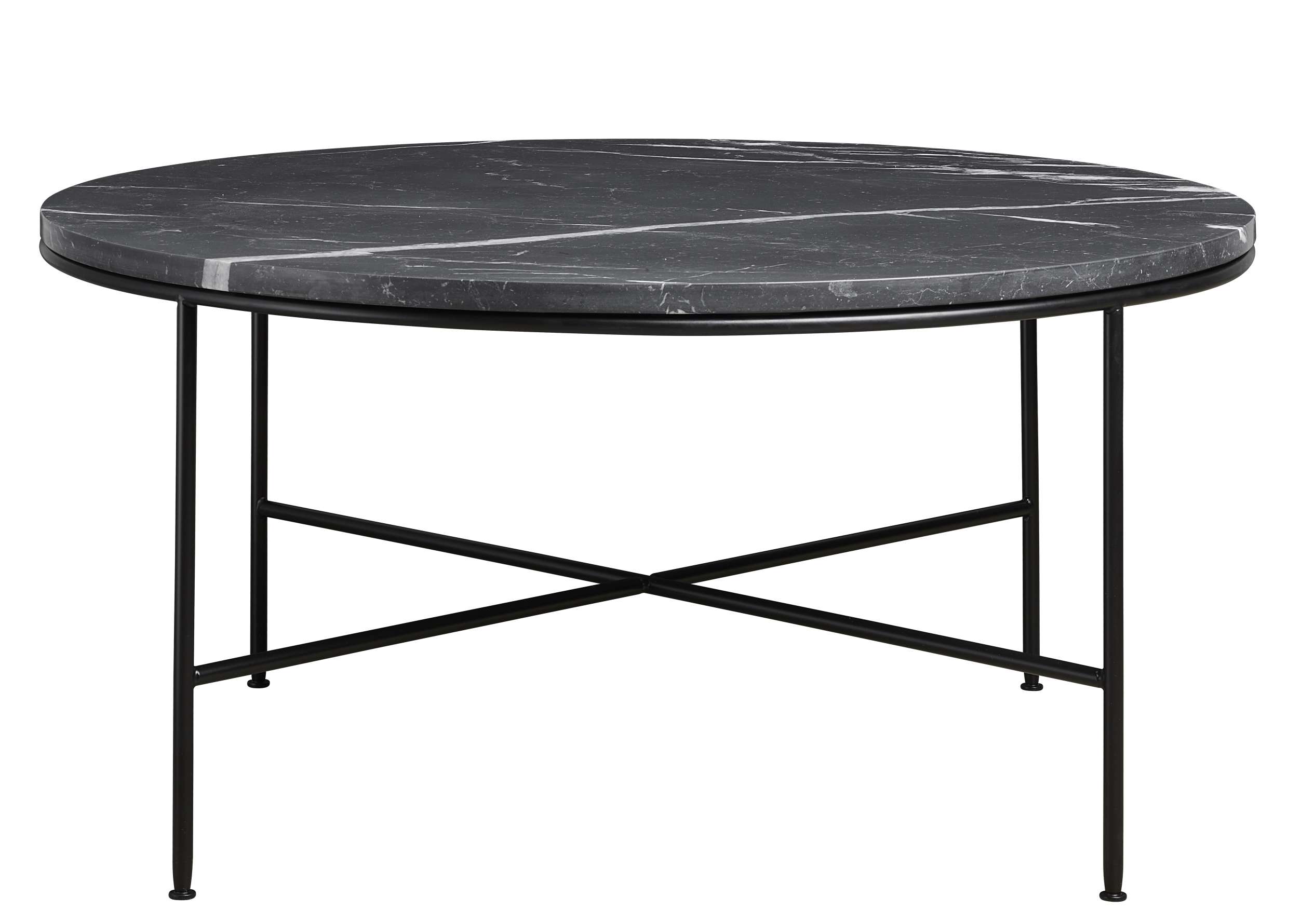 Fritz Hansen Planner Couchtisch mit runder, grauer Marmorplatte und schwarzem Metallgestell.