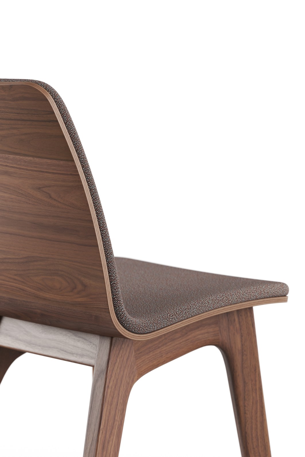 Detailaufnahme des Morph Holzstuhls mit braunem Sitzpolster, modernes Design für Esszimmer und Büro.