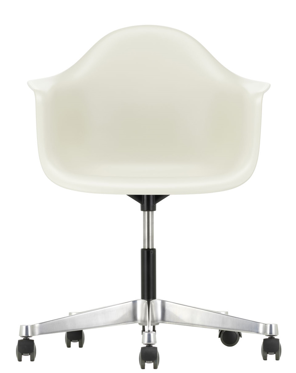 Vitra Eames Plastic Arm Chair PACC in Weiß mit Rollenfuß, Bürostuhl für Arbeitszimmer.