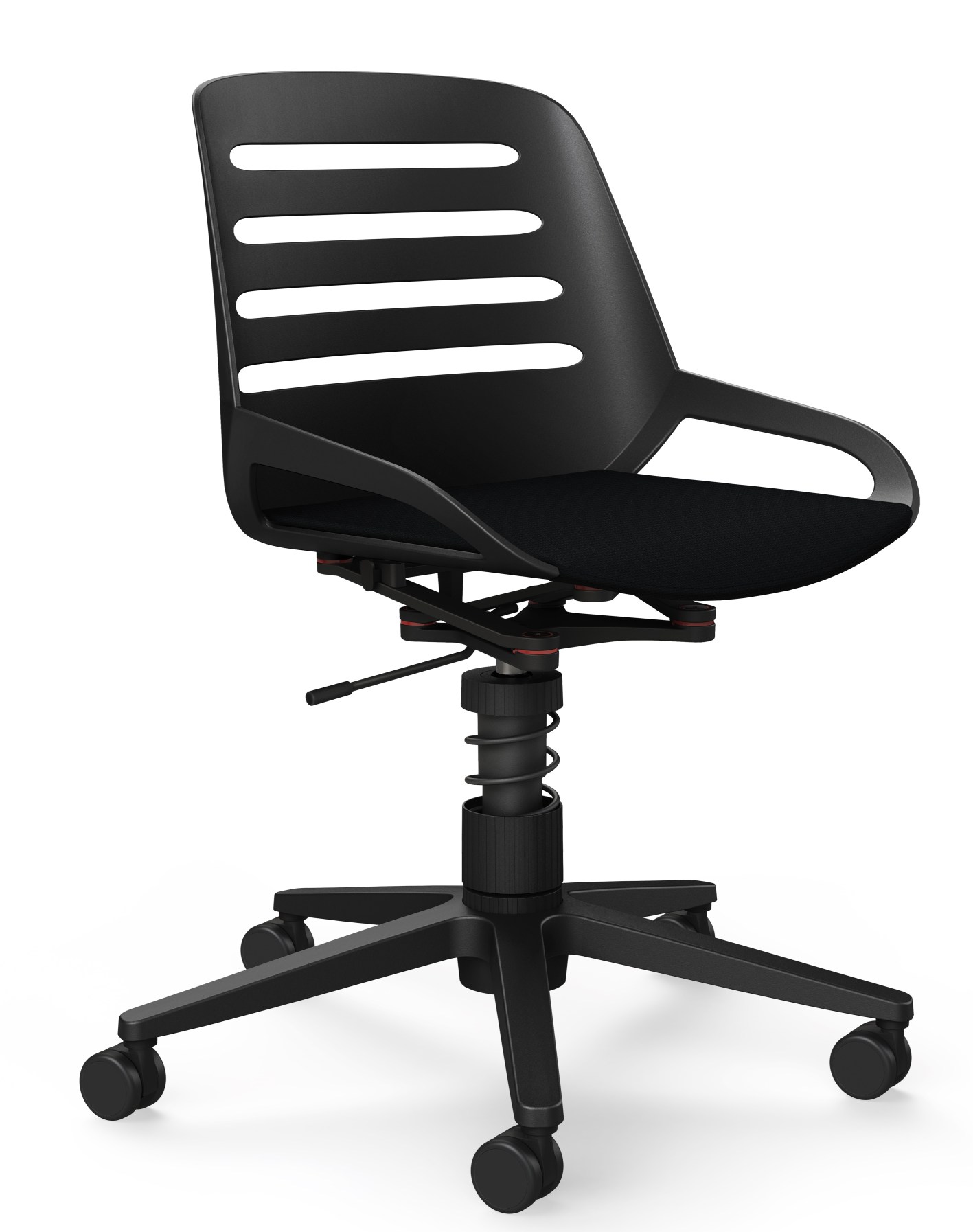 Numo Task Bürodrehstuhl von Aeris in Schwarz mit Rollen und Federbein für ergonomisches Sitzen.