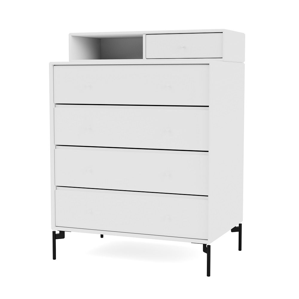 Weiße Kommode mit fünf Schubladen und schwarzem Gestell, KEEP Kommode für Schlafzimmer und Wohnraum.